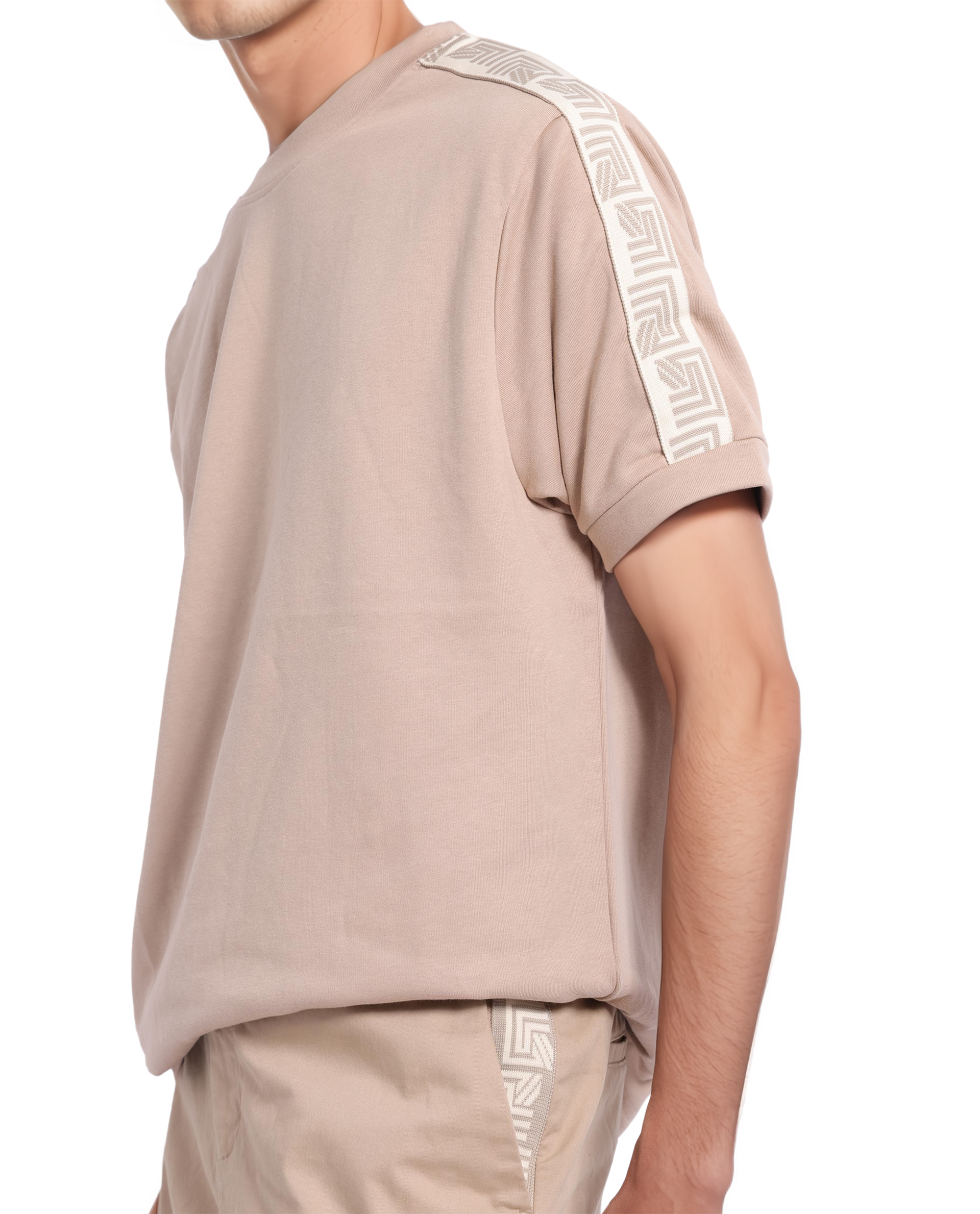 Rare Rabbit Men Nobo Beige Short Sleeve Crew Neck Oversized Fit Monogram Tape T-Shirt