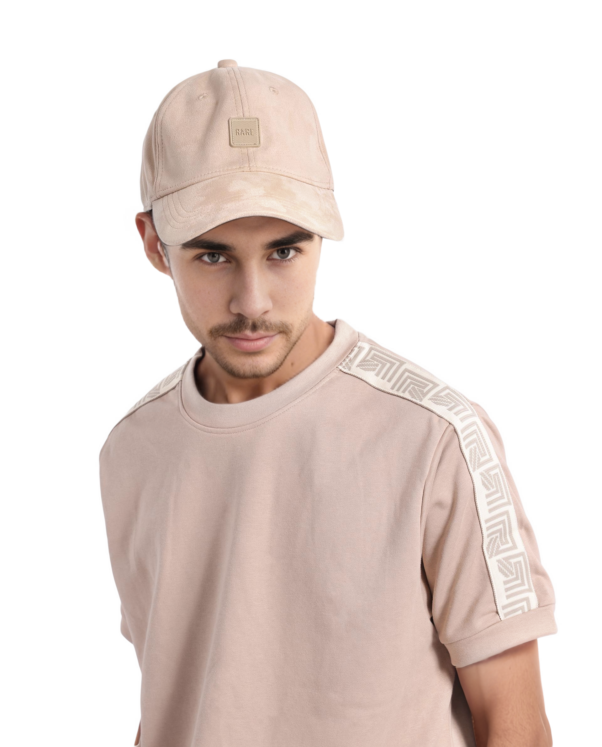Rare Rabbit Men Nobo Beige Short Sleeve Crew Neck Oversized Fit Monogram Tape T-Shirt