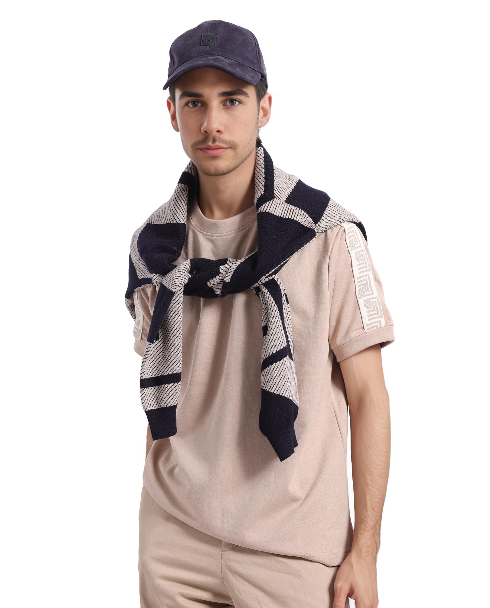 Rare Rabbit Men Nobo Beige Short Sleeve Crew Neck Oversized Fit Monogram Tape T-Shirt