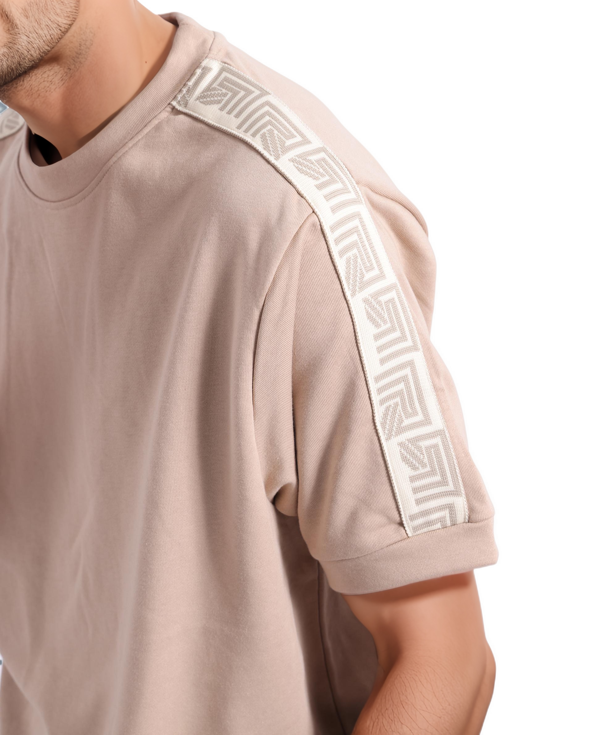 Rare Rabbit Men Nobo Beige Short Sleeve Crew Neck Oversized Fit Monogram Tape T-Shirt