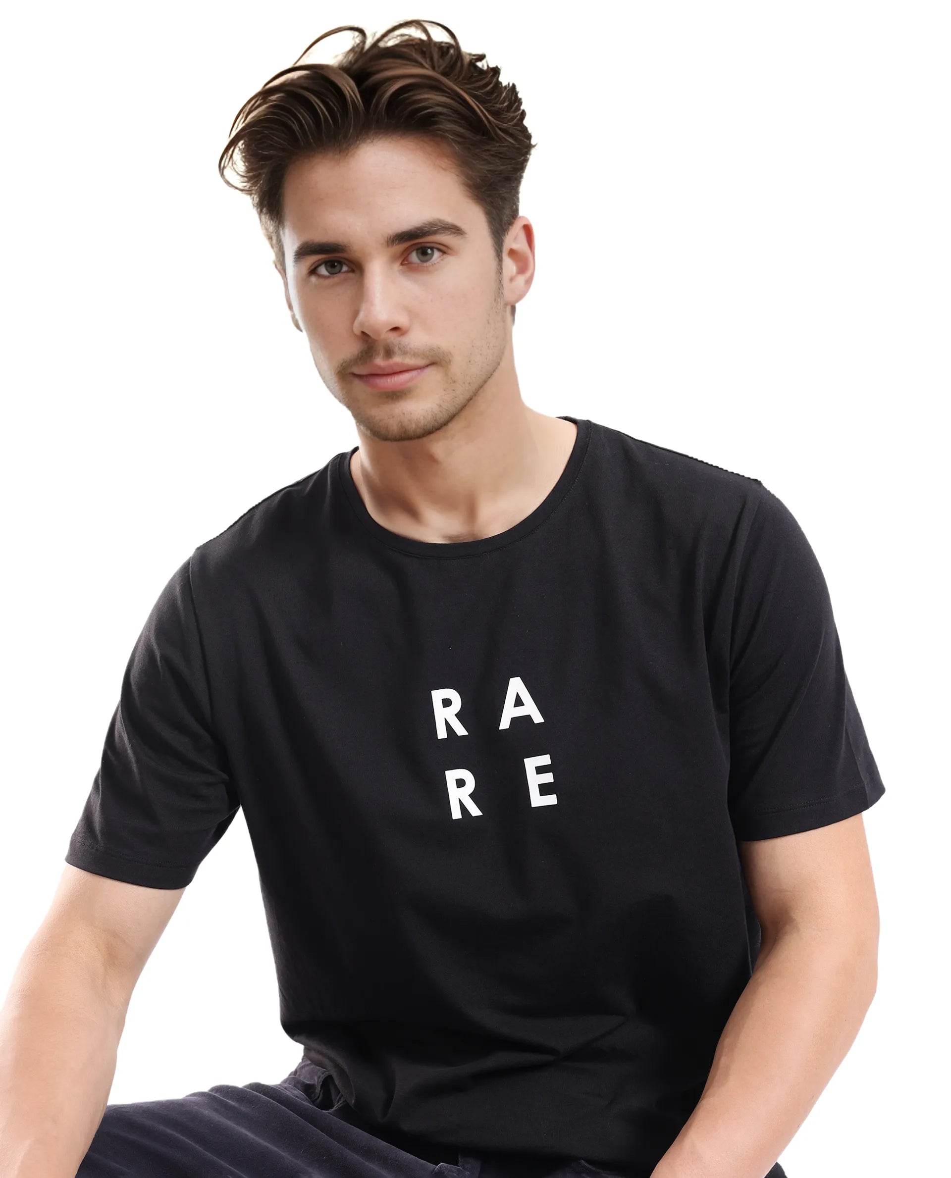 Rare Rabbit Men's Lalyy Black Cotton Blend Fabric Short Sleeve Crew Neck T-Shirt