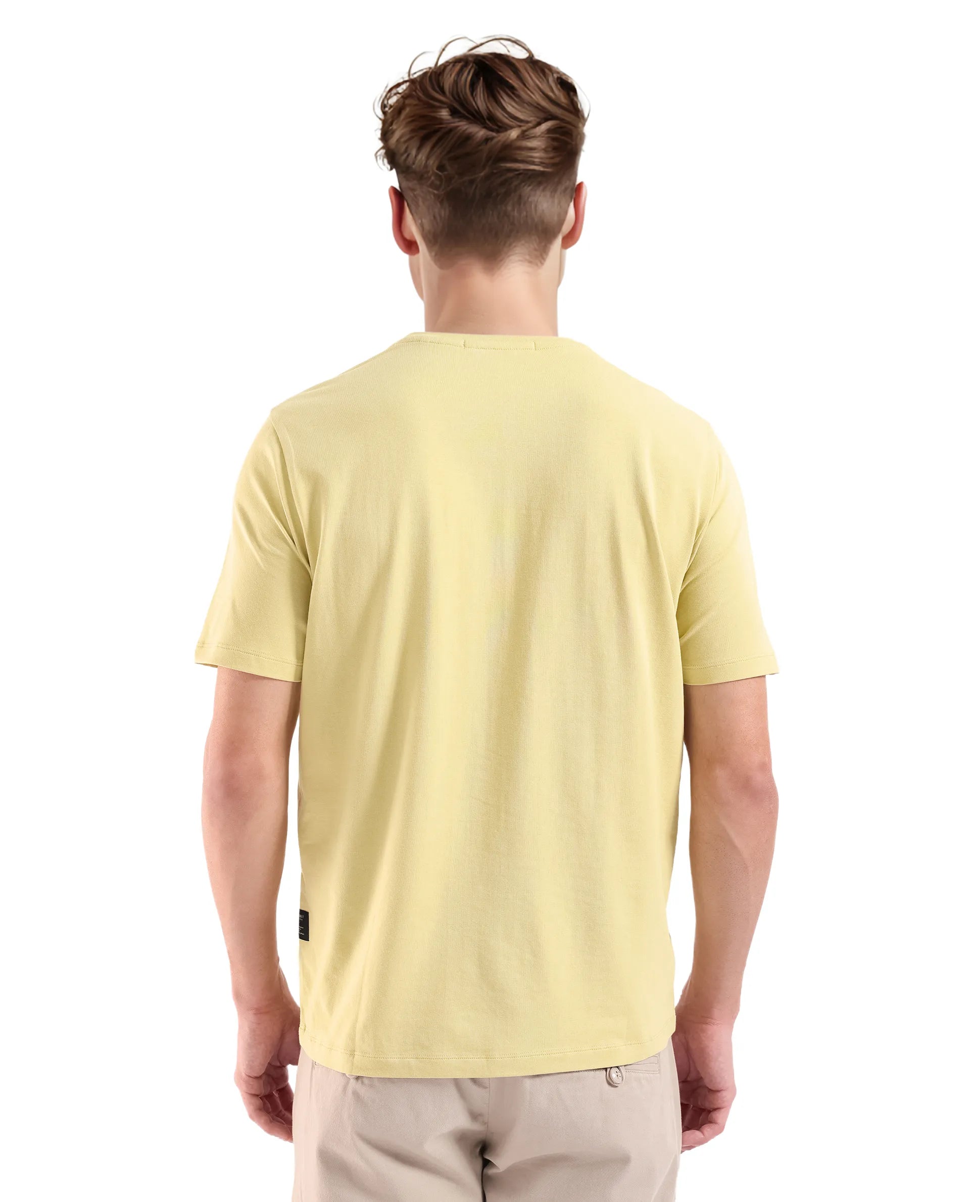 Rare Rabbit Men's Lalyy Dusky Yellow Cotton Blend Fabric Short Sleeve Crew Neck T-Shirt