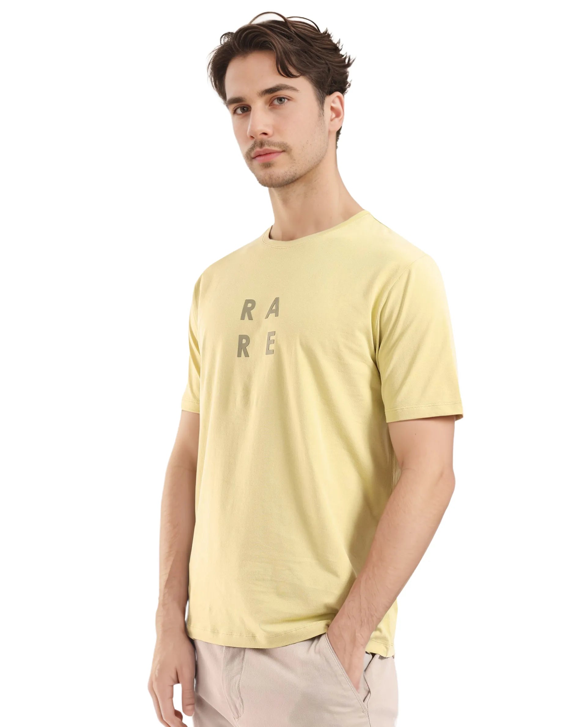 Rare Rabbit Men's Lalyy Dusky Yellow Cotton Blend Fabric Short Sleeve Crew Neck T-Shirt