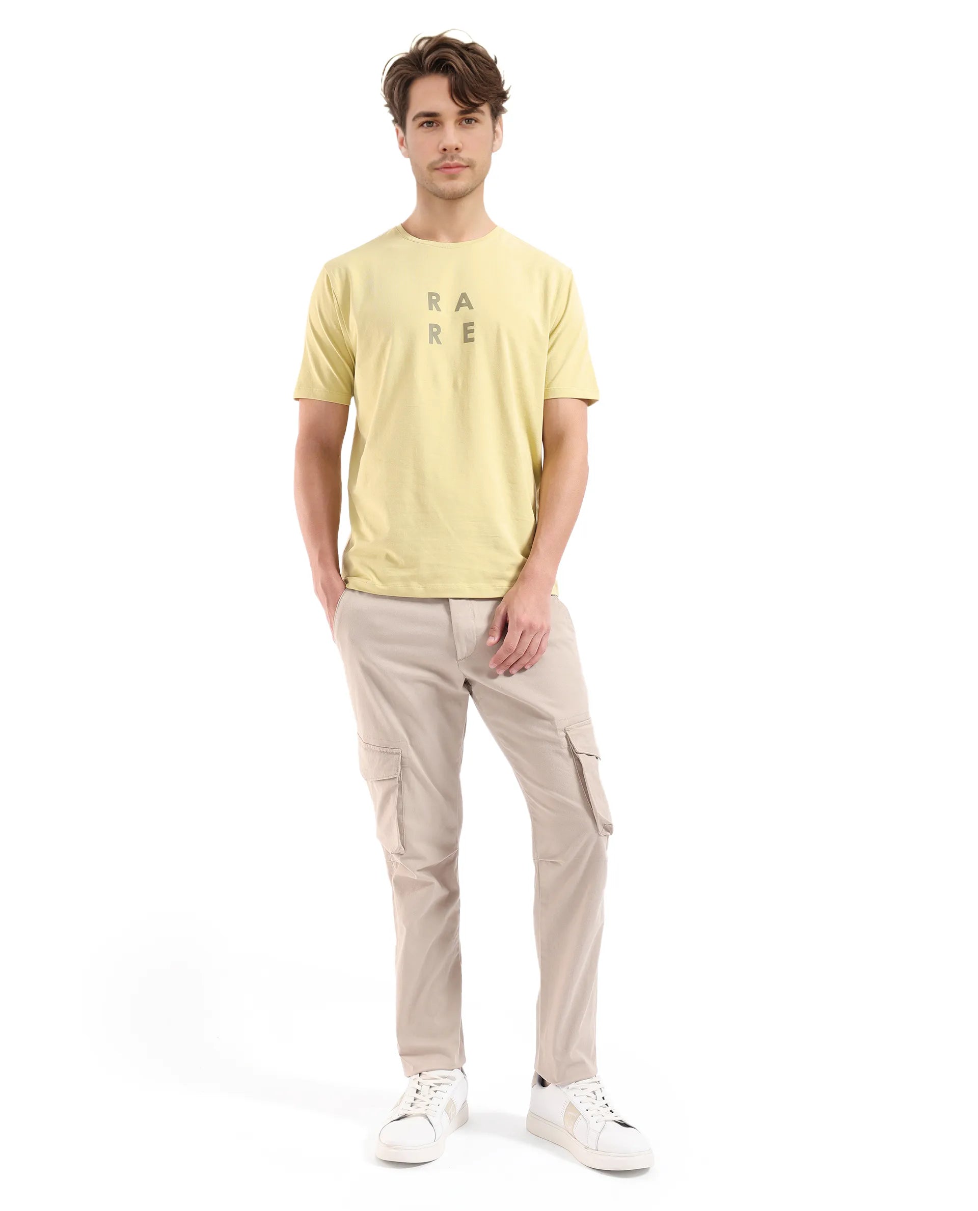 Rare Rabbit Men's Lalyy Dusky Yellow Cotton Blend Fabric Short Sleeve Crew Neck T-Shirt