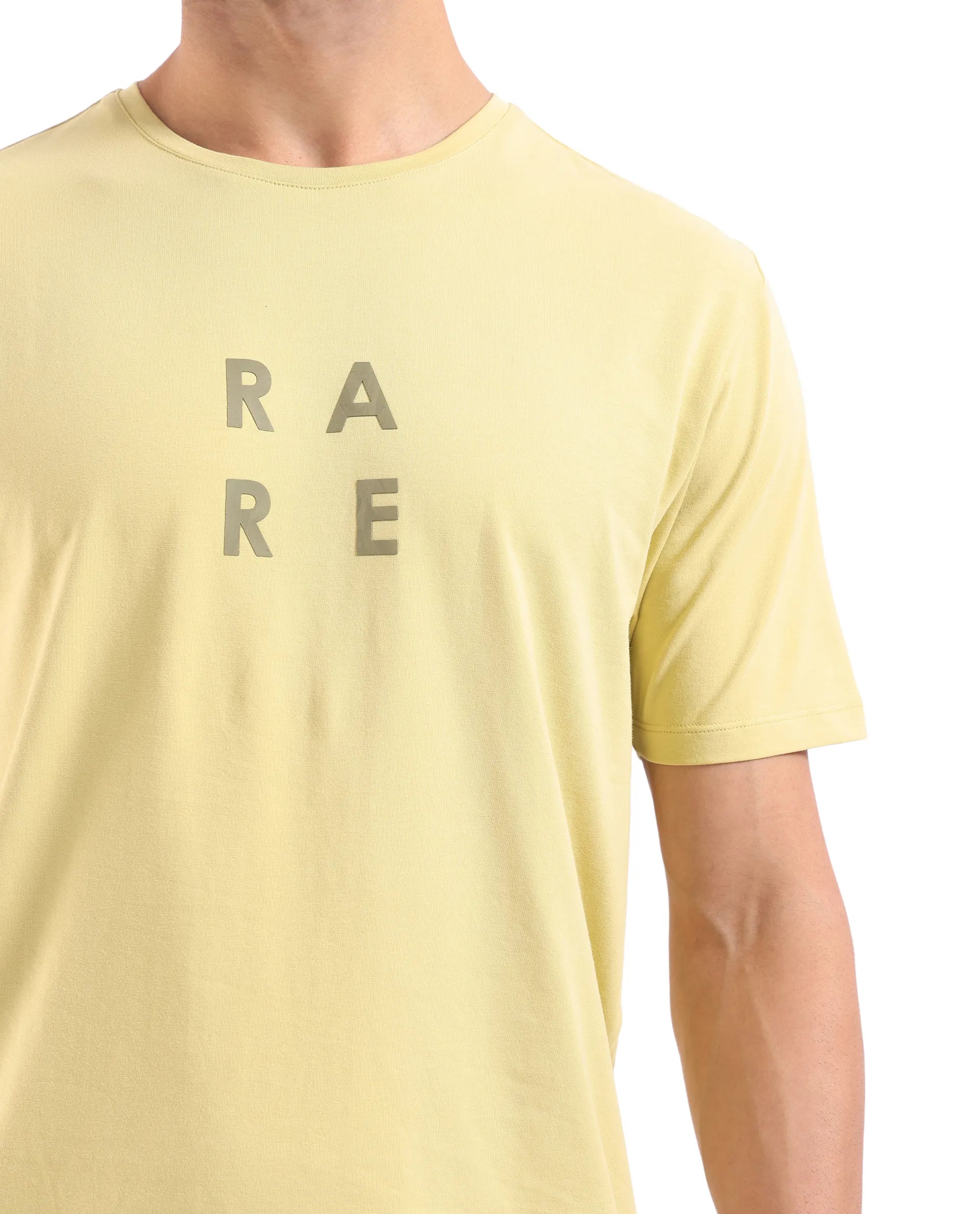 Rare Rabbit Men's Lalyy Dusky Yellow Cotton Blend Fabric Short Sleeve Crew Neck T-Shirt