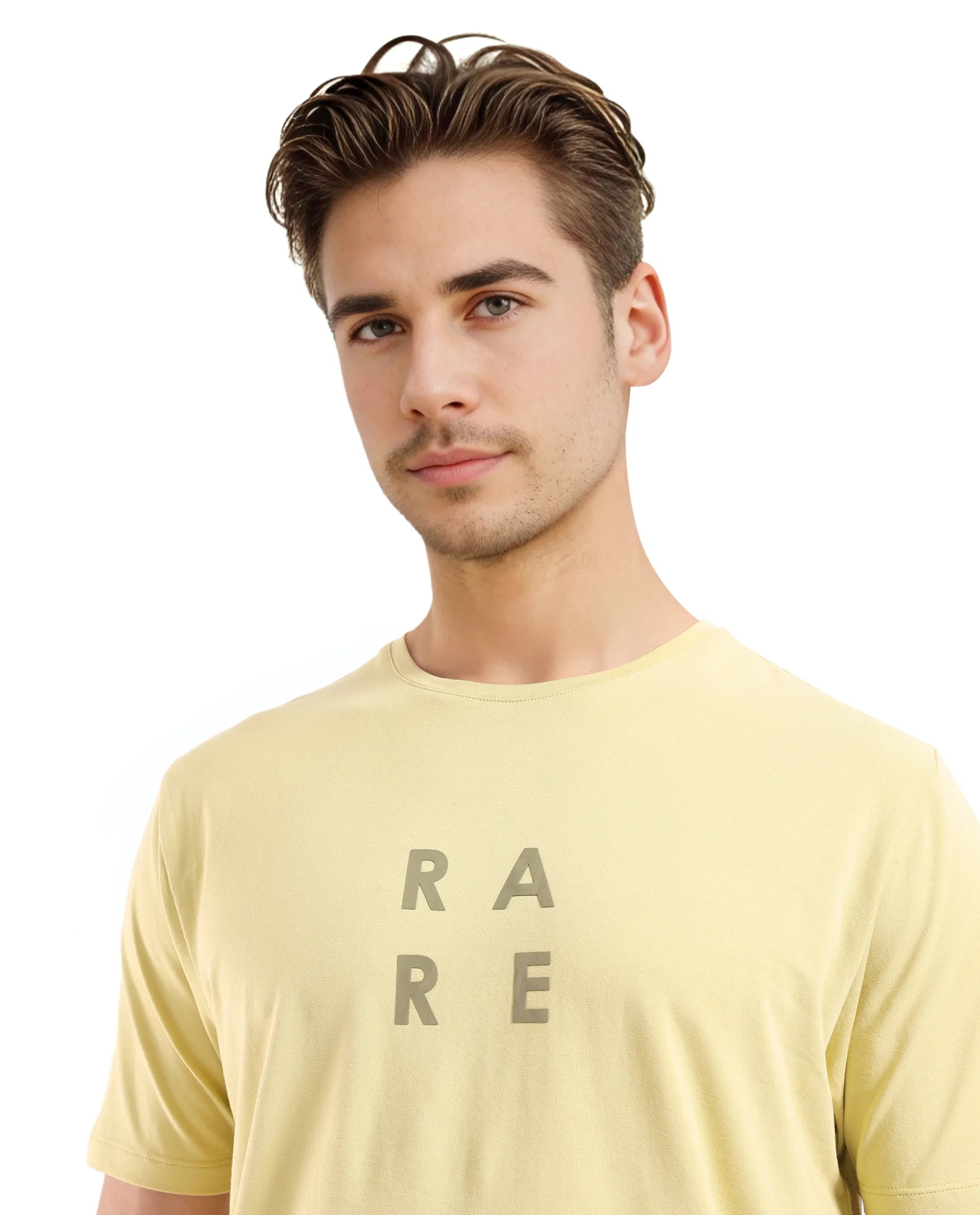 Rare Rabbit Men's Lalyy Dusky Yellow Cotton Blend Fabric Short Sleeve Crew Neck T-Shirt