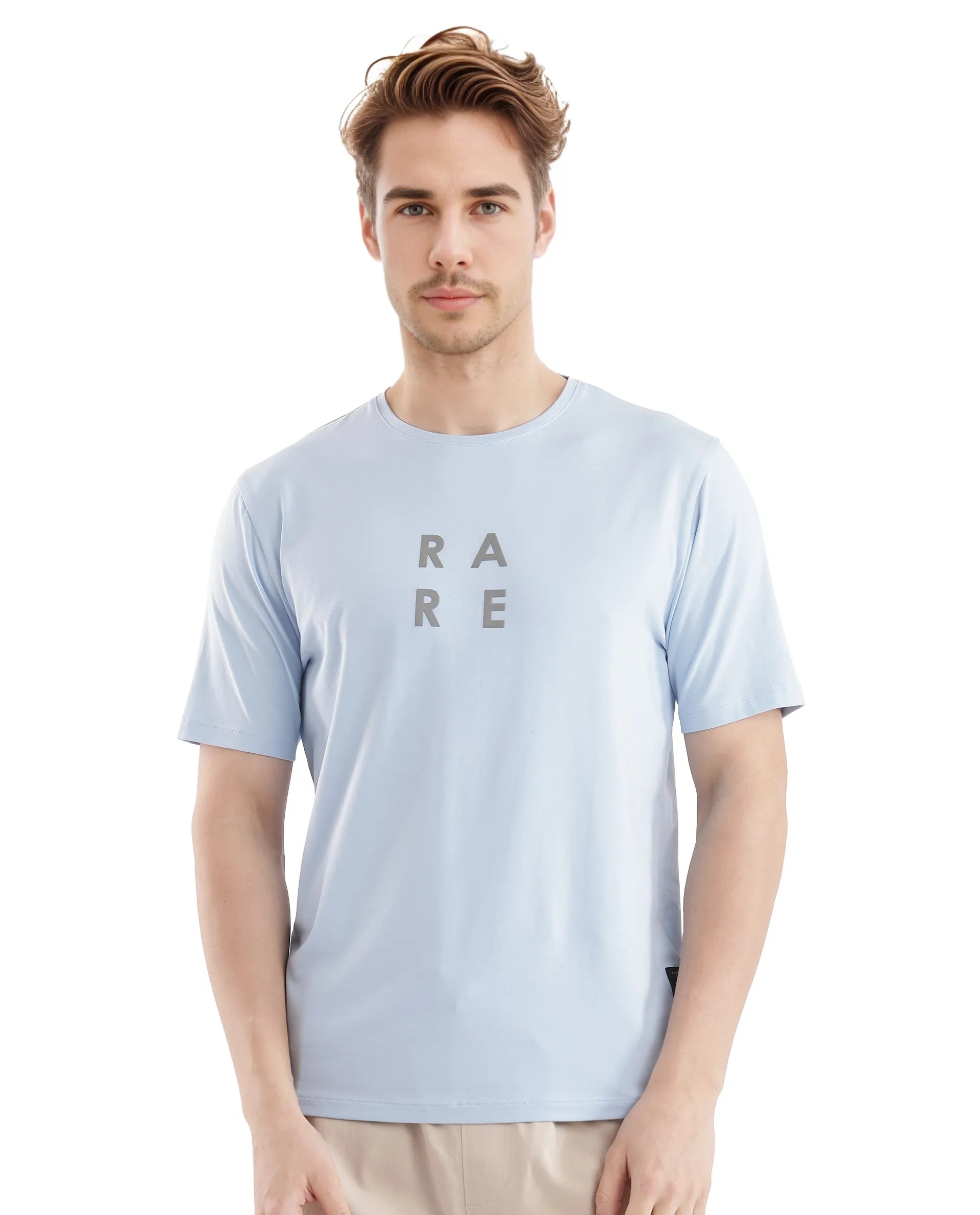 Rare Rabbit Men's Lalyy Light Blue Cotton Blend Fabric Short Sleeve Crew Neck T-Shirt