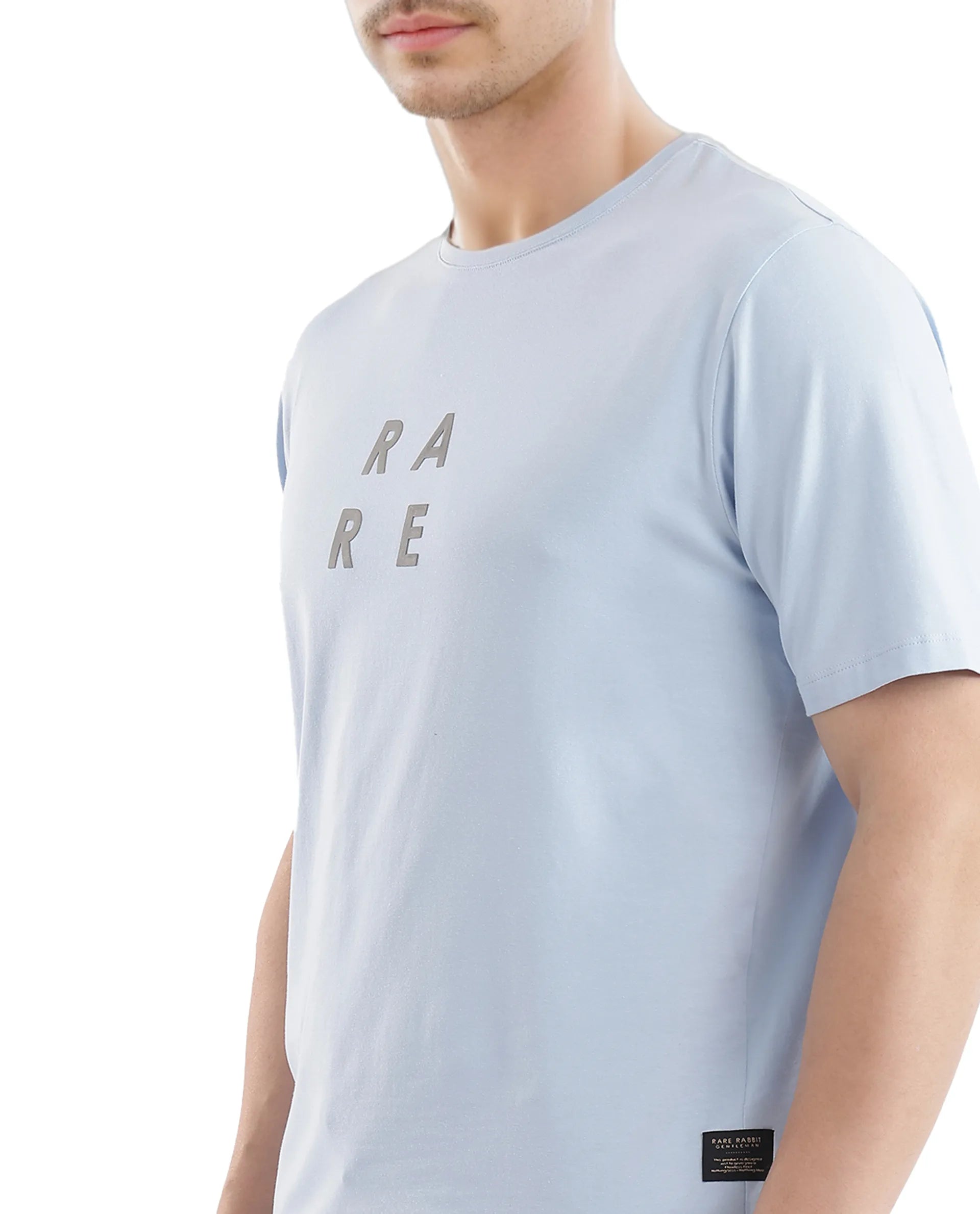 Rare Rabbit Men's Lalyy Light Blue Cotton Blend Fabric Short Sleeve Crew Neck T-Shirt