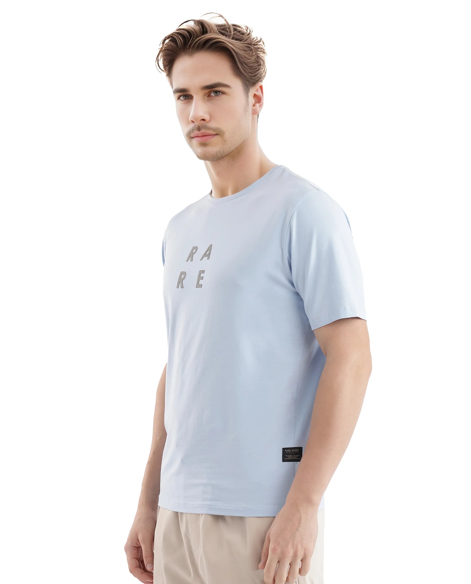 Rare Rabbit Men's Lalyy Light Blue Cotton Blend Fabric Short Sleeve Crew Neck T-Shirt