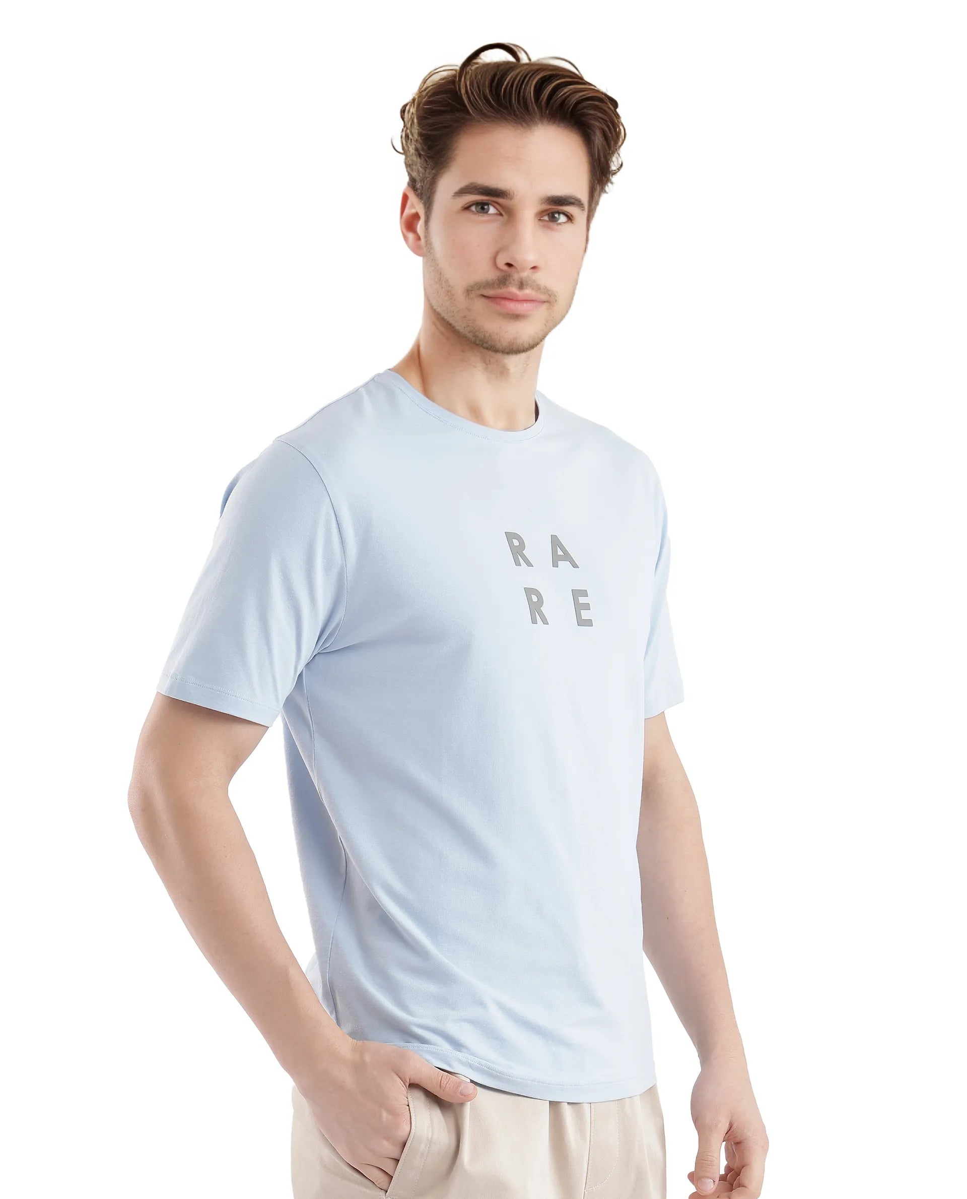 Rare Rabbit Men's Lalyy Light Blue Cotton Blend Fabric Short Sleeve Crew Neck T-Shirt