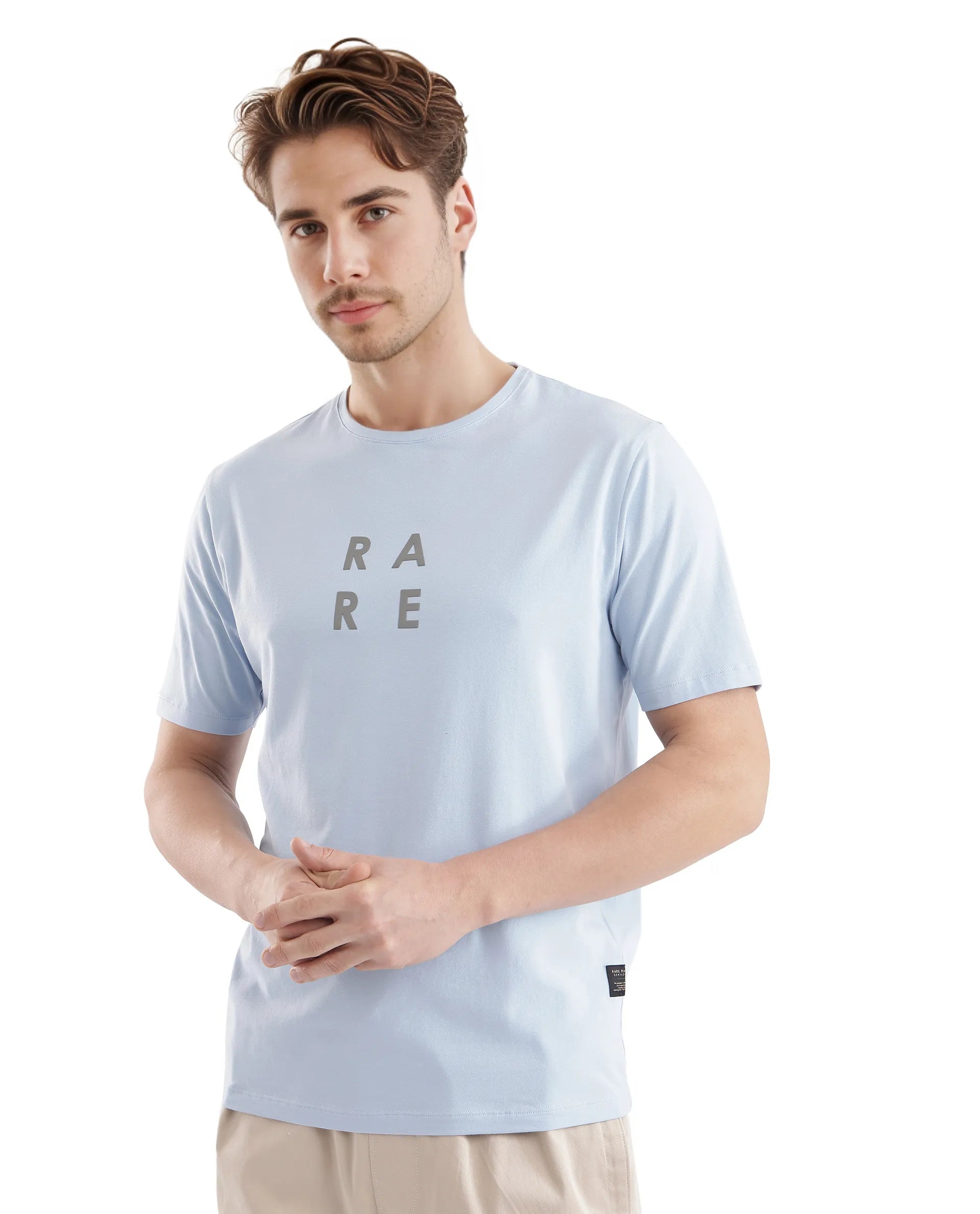 Rare Rabbit Men's Lalyy Light Blue Cotton Blend Fabric Short Sleeve Crew Neck T-Shirt