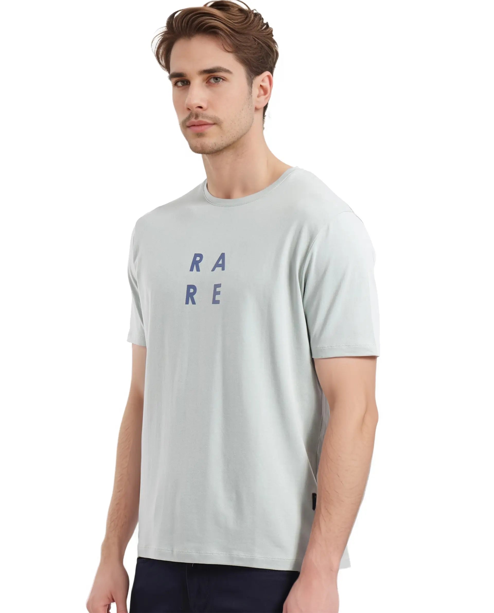 Rare Rabbit Men's Lalyy Pastel Green Cotton Blend Fabric Short Sleeve Crew Neck T-Shirt