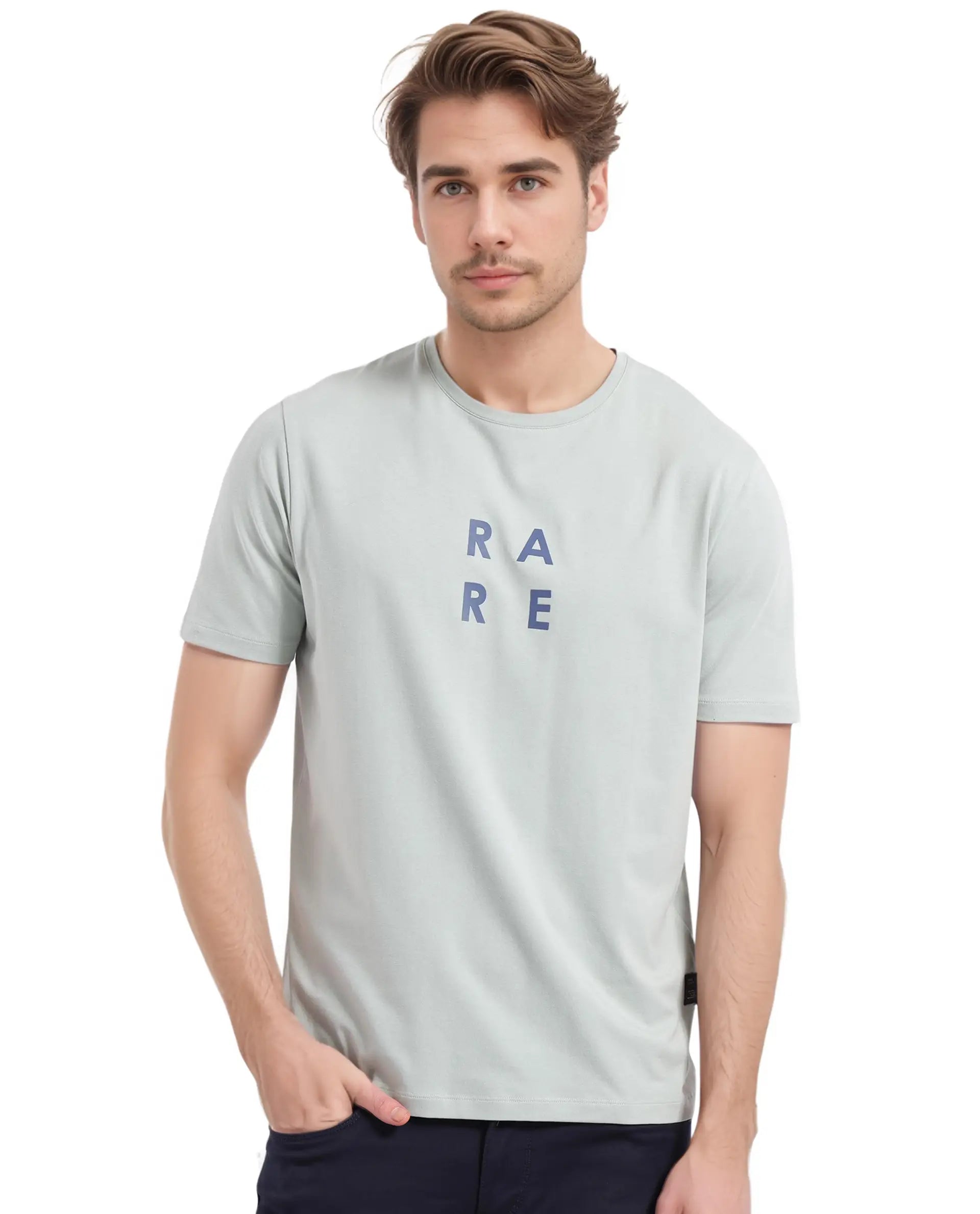 Rare Rabbit Men's Lalyy Pastel Green Cotton Blend Fabric Short Sleeve Crew Neck T-Shirt