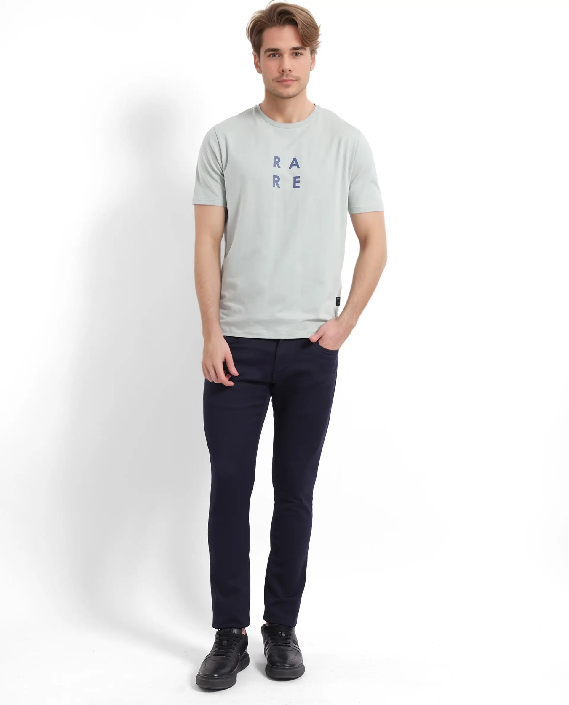 Rare Rabbit Men's Lalyy Pastel Green Cotton Blend Fabric Short Sleeve Crew Neck T-Shirt