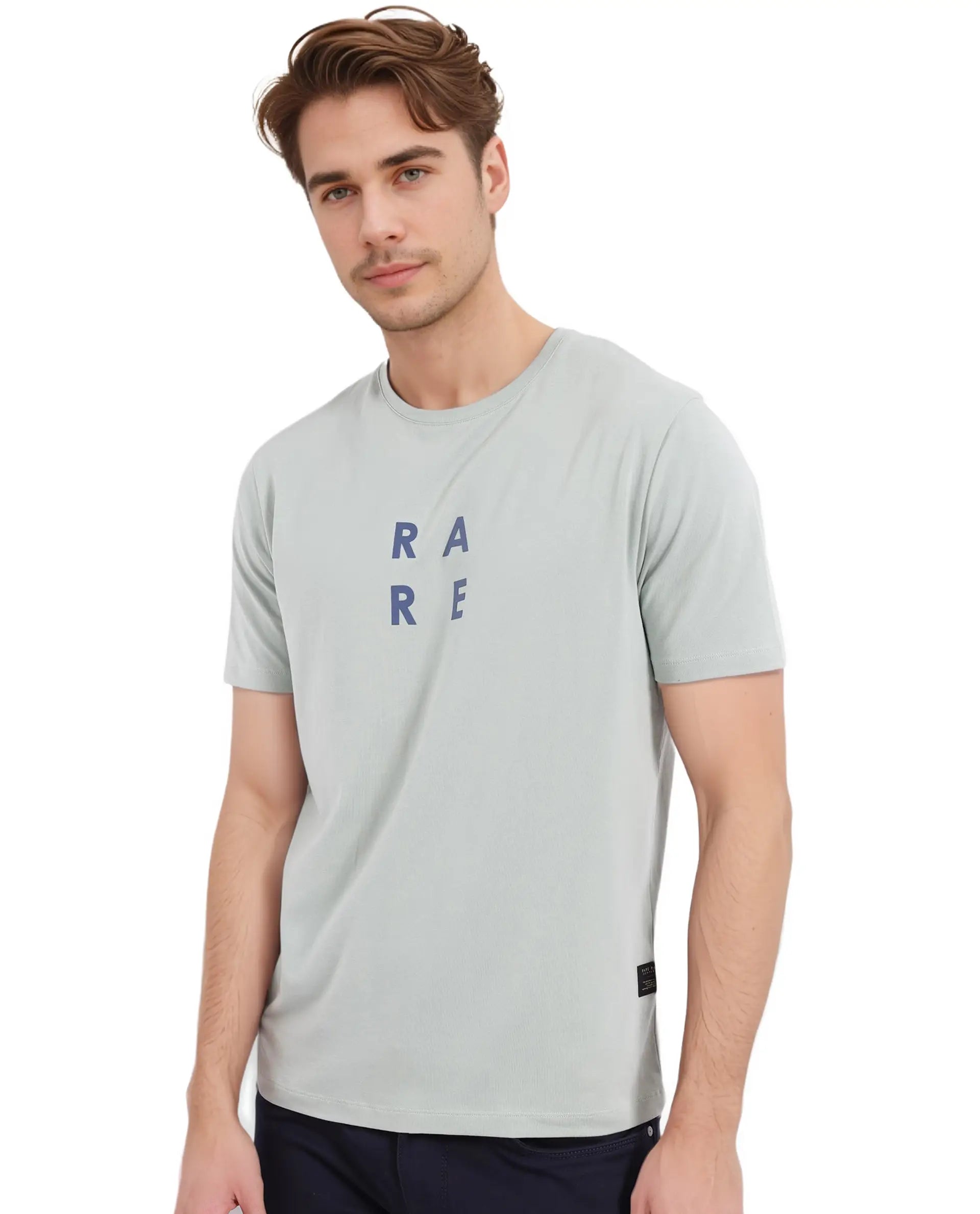 Rare Rabbit Men's Lalyy Pastel Green Cotton Blend Fabric Short Sleeve Crew Neck T-Shirt