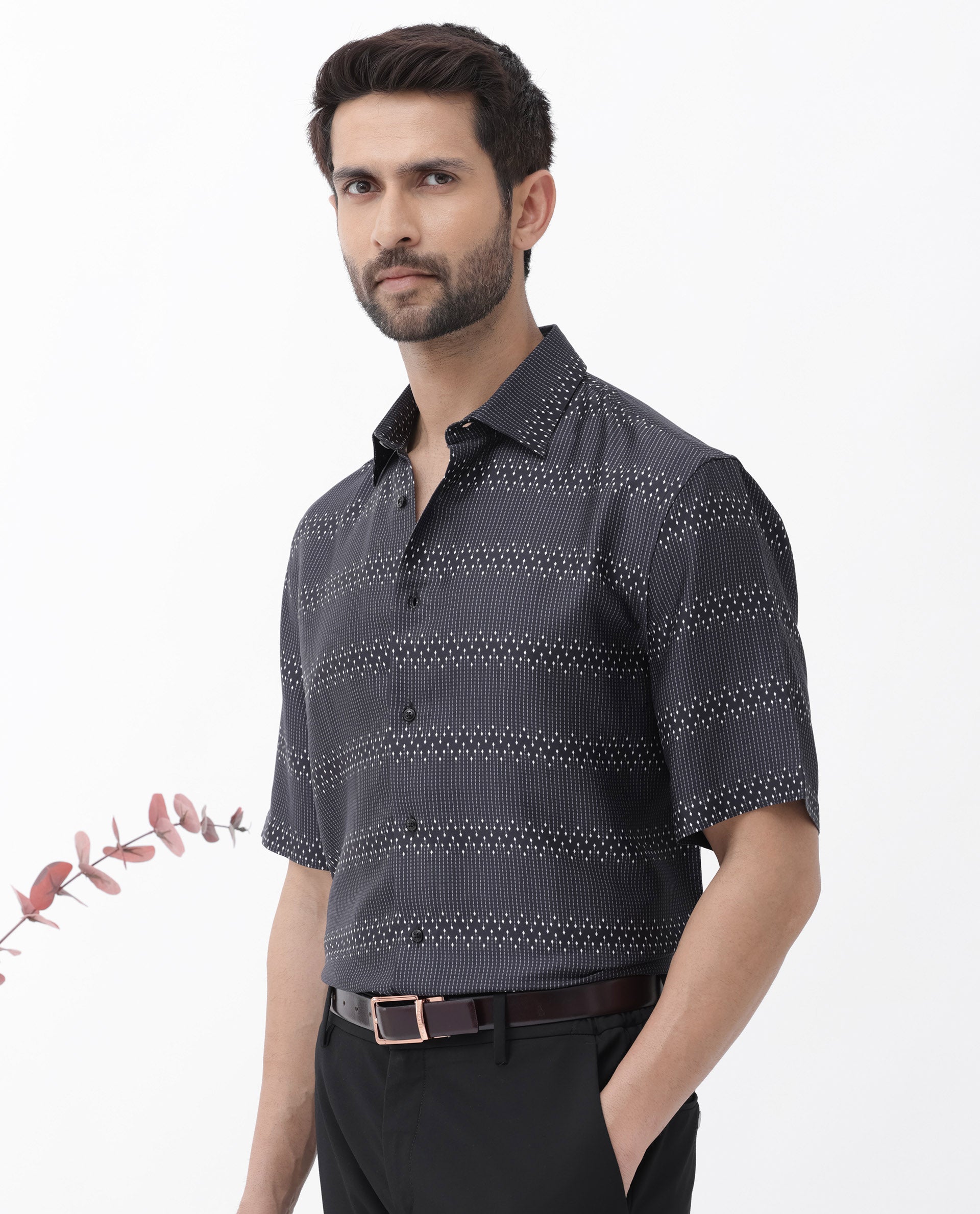 Rare Rabbit Men's Lamo Black Viscose Fabric Half Sleeves Boxy Fit Geometric Print Shirt