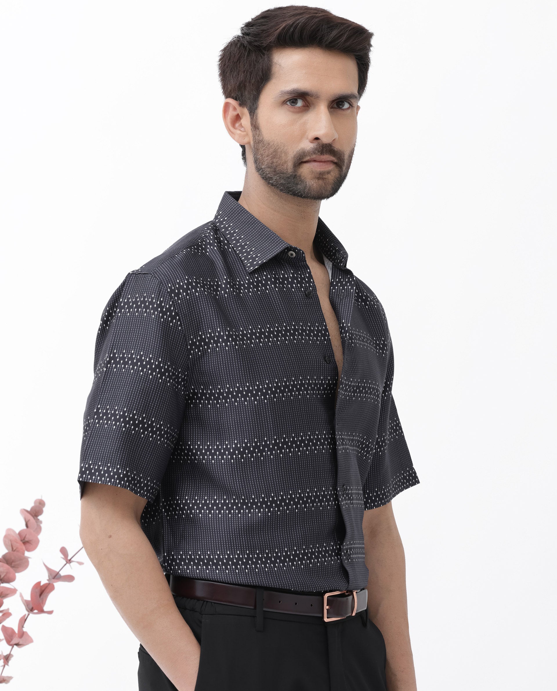Rare Rabbit Men's Lamo Black Viscose Fabric Half Sleeves Boxy Fit Geometric Print Shirt