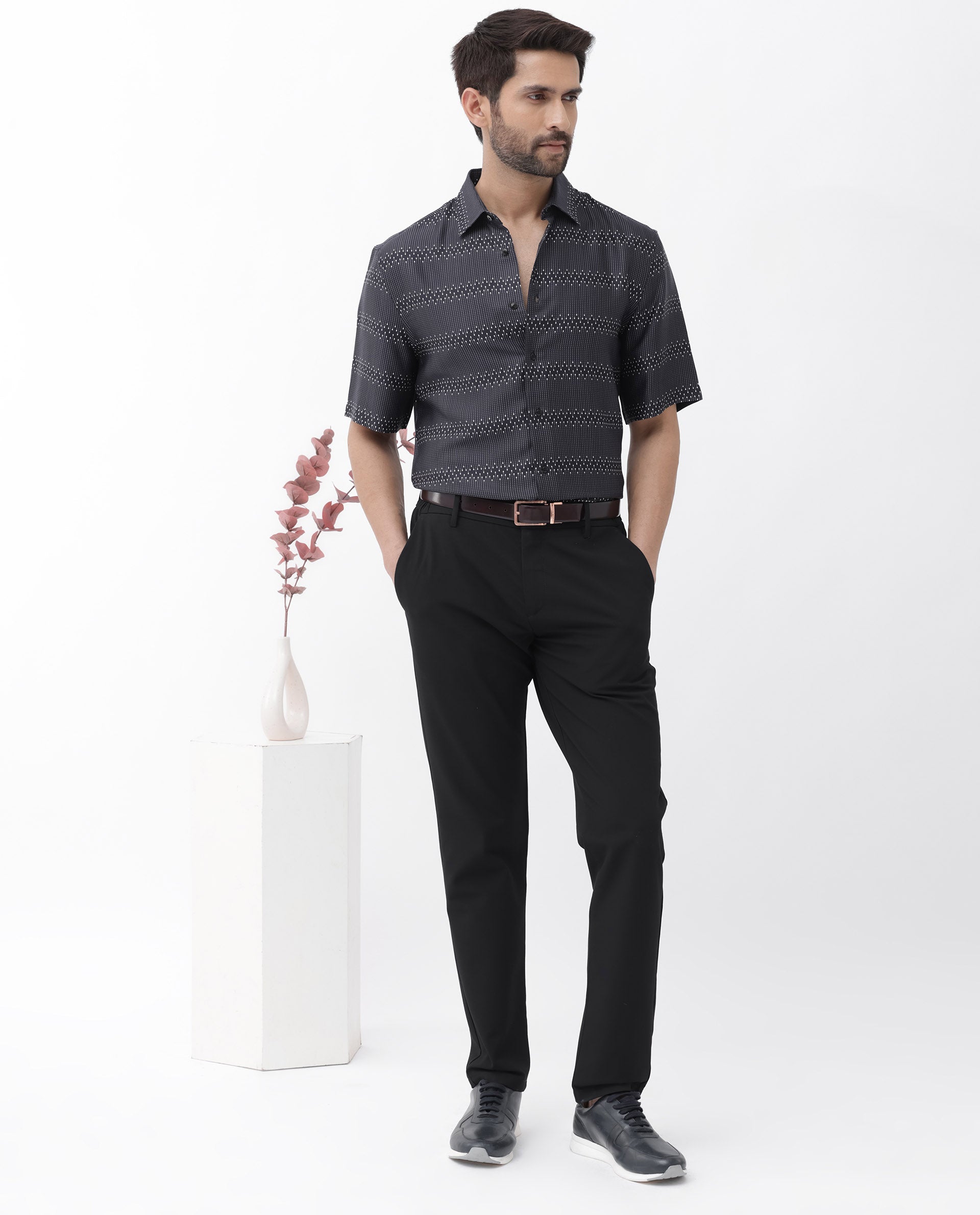 Rare Rabbit Men's Lamo Black Viscose Fabric Half Sleeves Boxy Fit Geometric Print Shirt