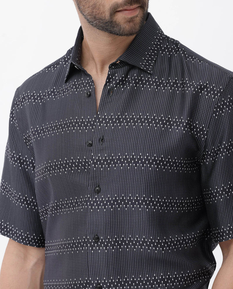 Rare Rabbit Men's Lamo Black Viscose Fabric Half Sleeves Boxy Fit Geometric Print Shirt