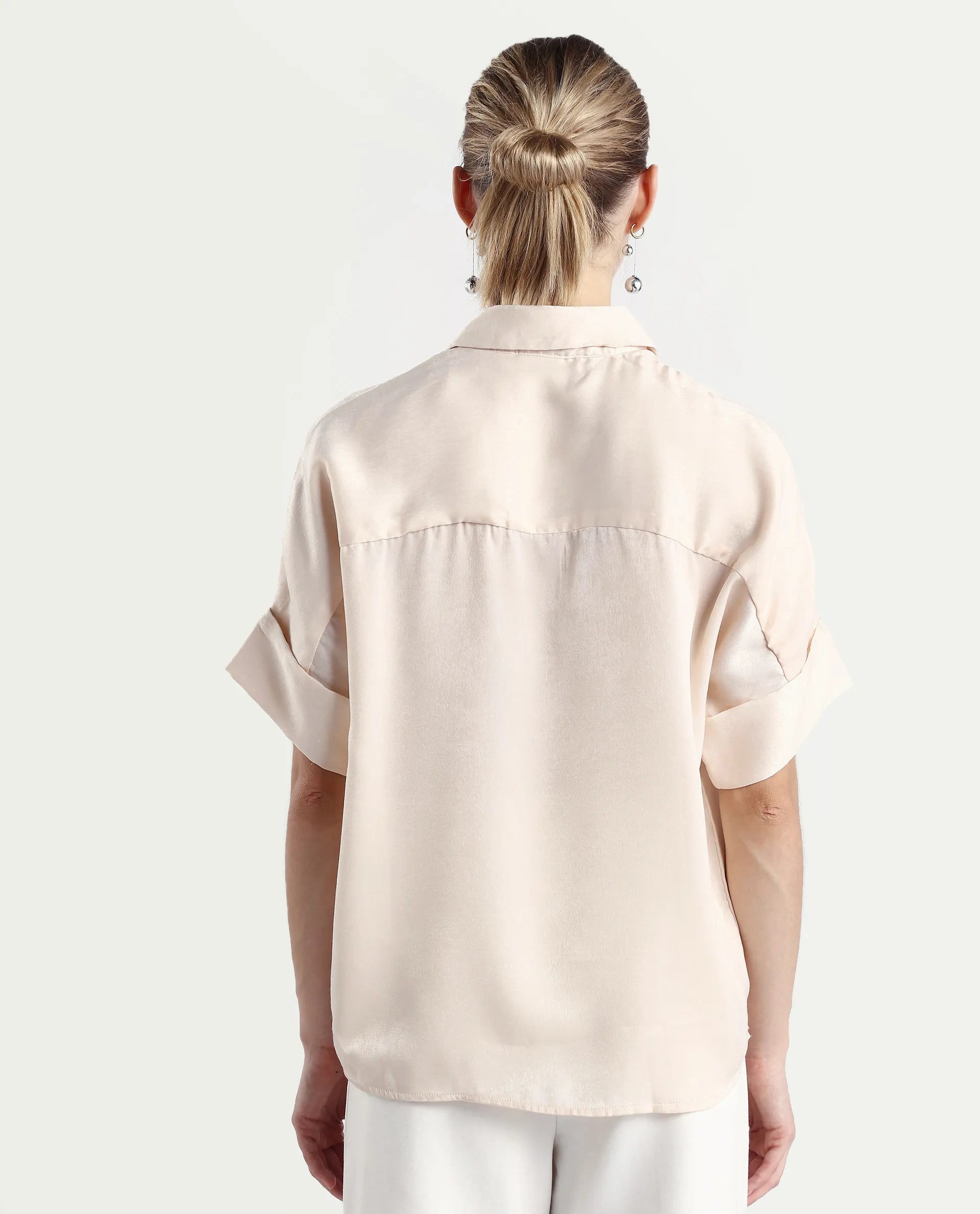 Rareism Women's Lamona T Beige Satin Drop Collar Plain Extended Sleeves Boxy Fit Top