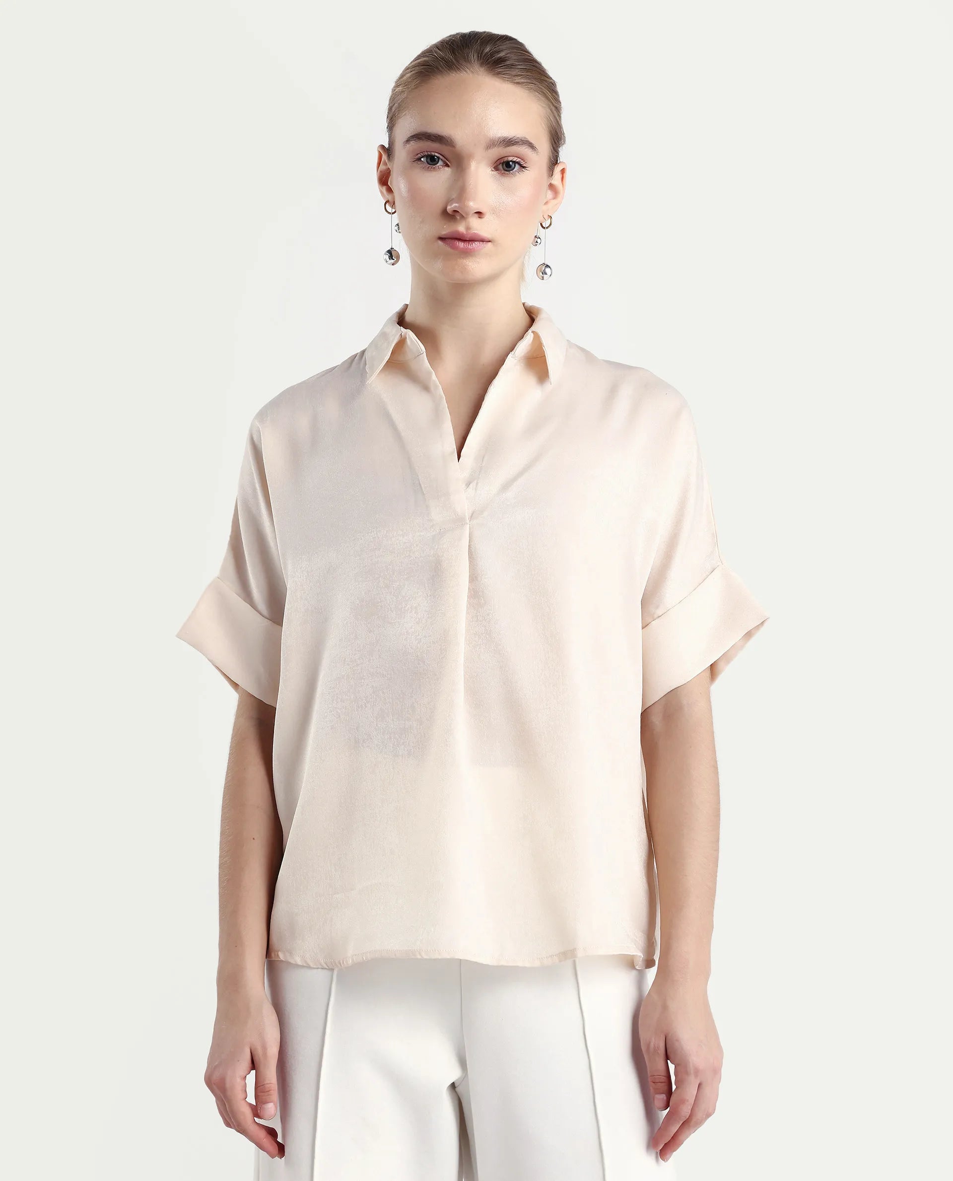 Rareism Women's Lamona T Beige Satin Drop Collar Plain Extended Sleeves Boxy Fit Top
