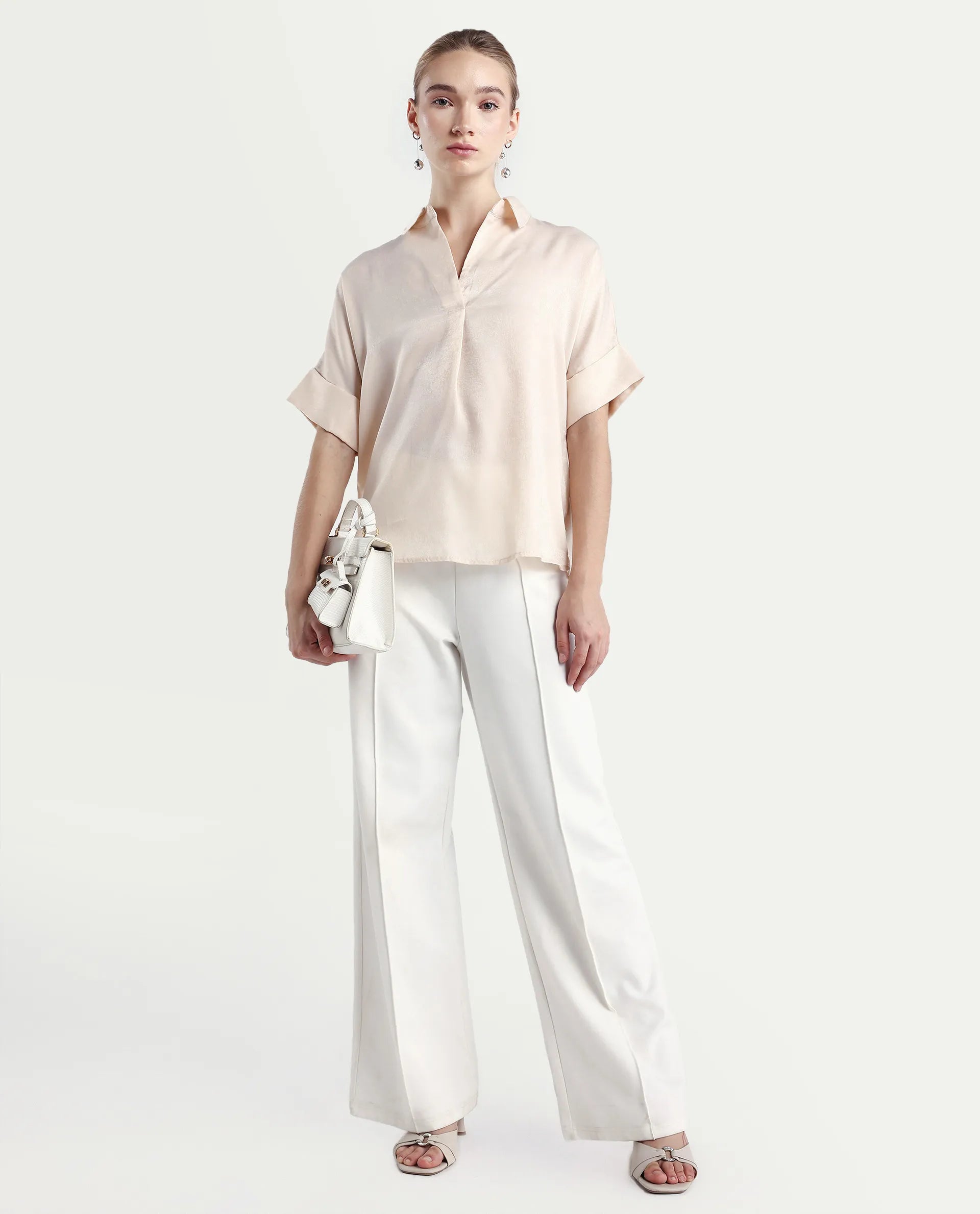 Rareism Women's Lamona T Beige Satin Drop Collar Plain Extended Sleeves Boxy Fit Top