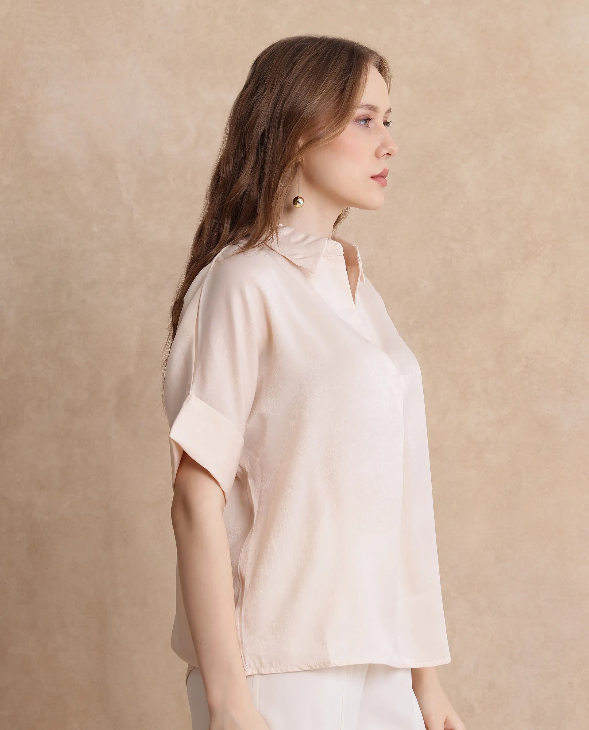 Rareism Women Lamona-T Beige Satin Extended Sleeves Collared Neck Boxy Fit Plain Top