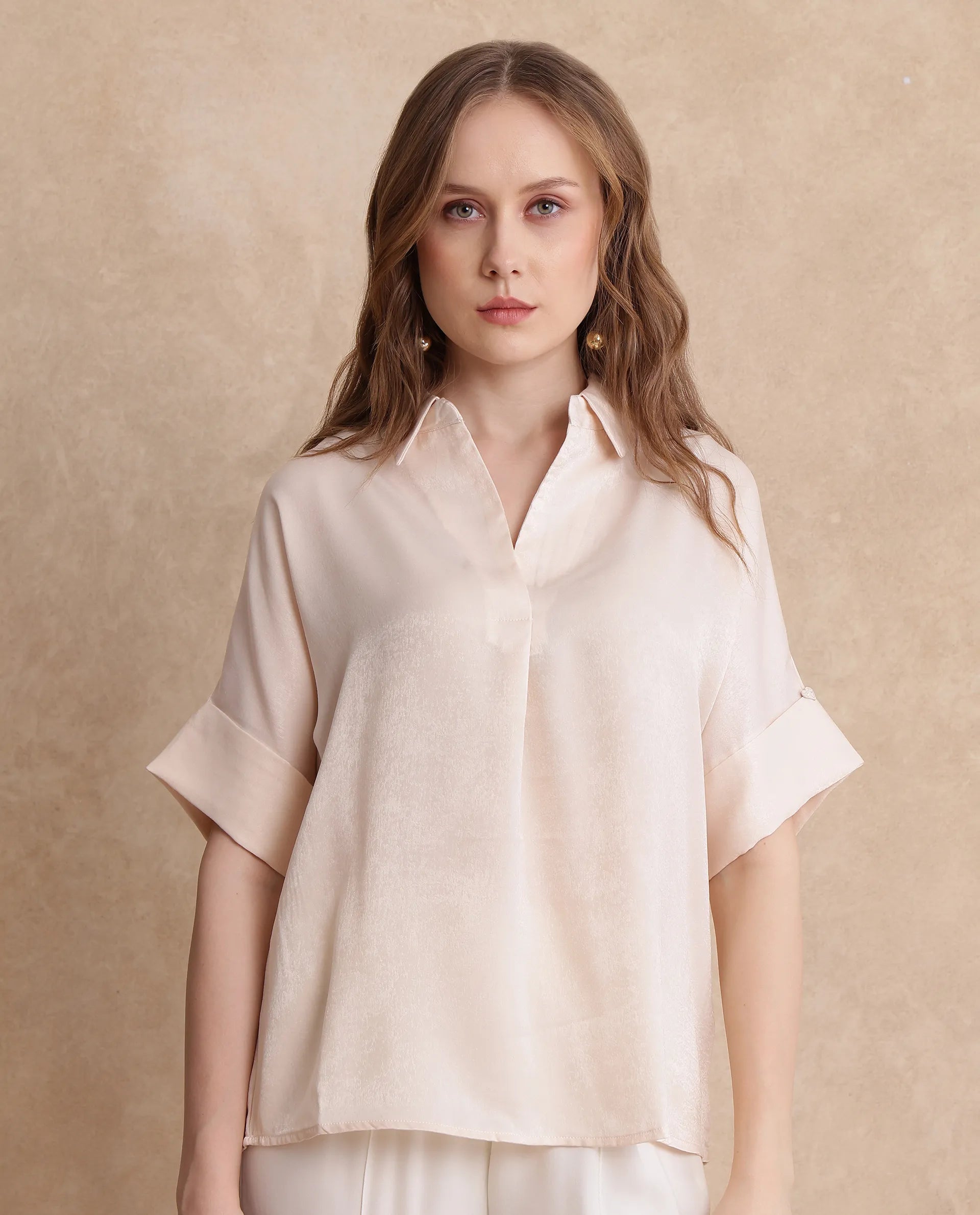 Rareism Women Lamona-T Beige Satin Extended Sleeves Collared Neck Boxy Fit Plain Top