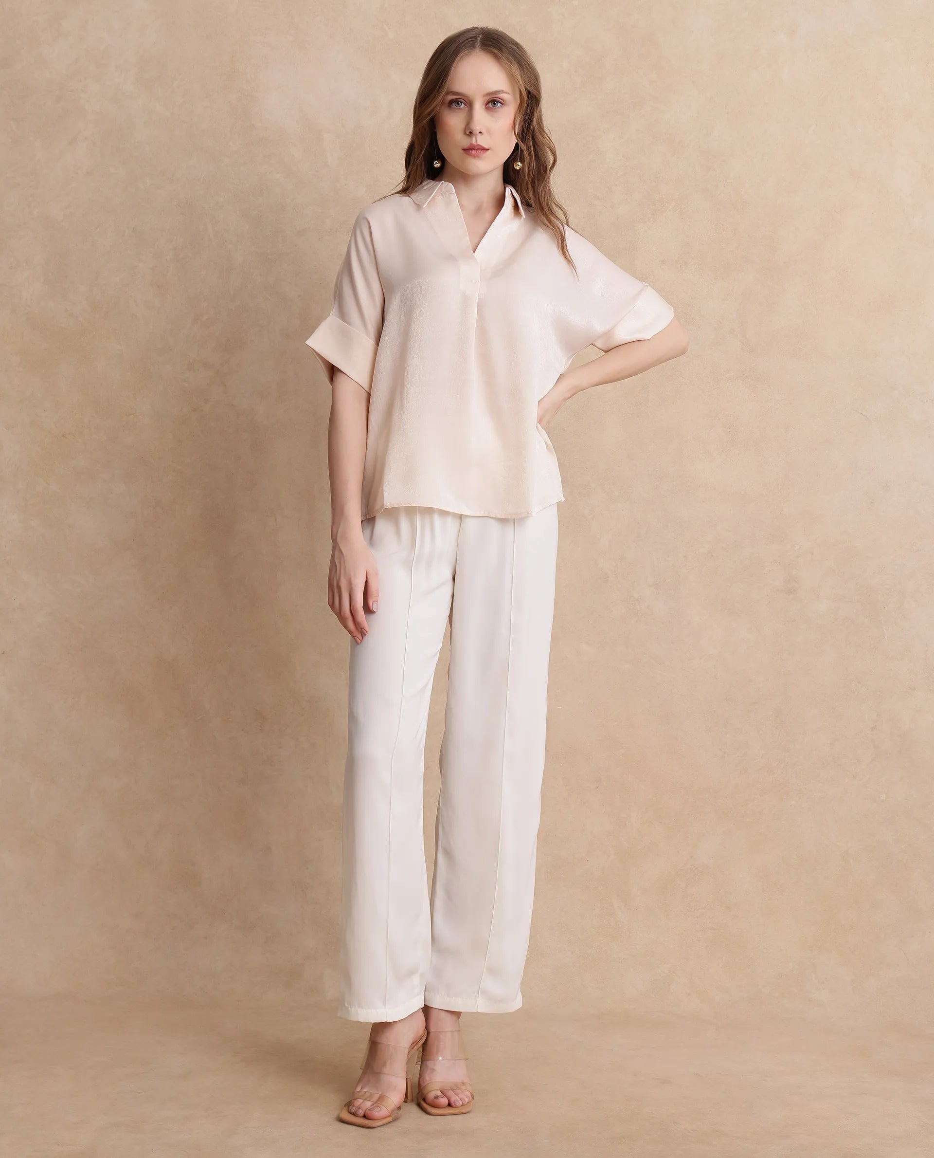 Rareism Women Lamona-T Beige Satin Extended Sleeves Collared Neck Boxy Fit Plain Top