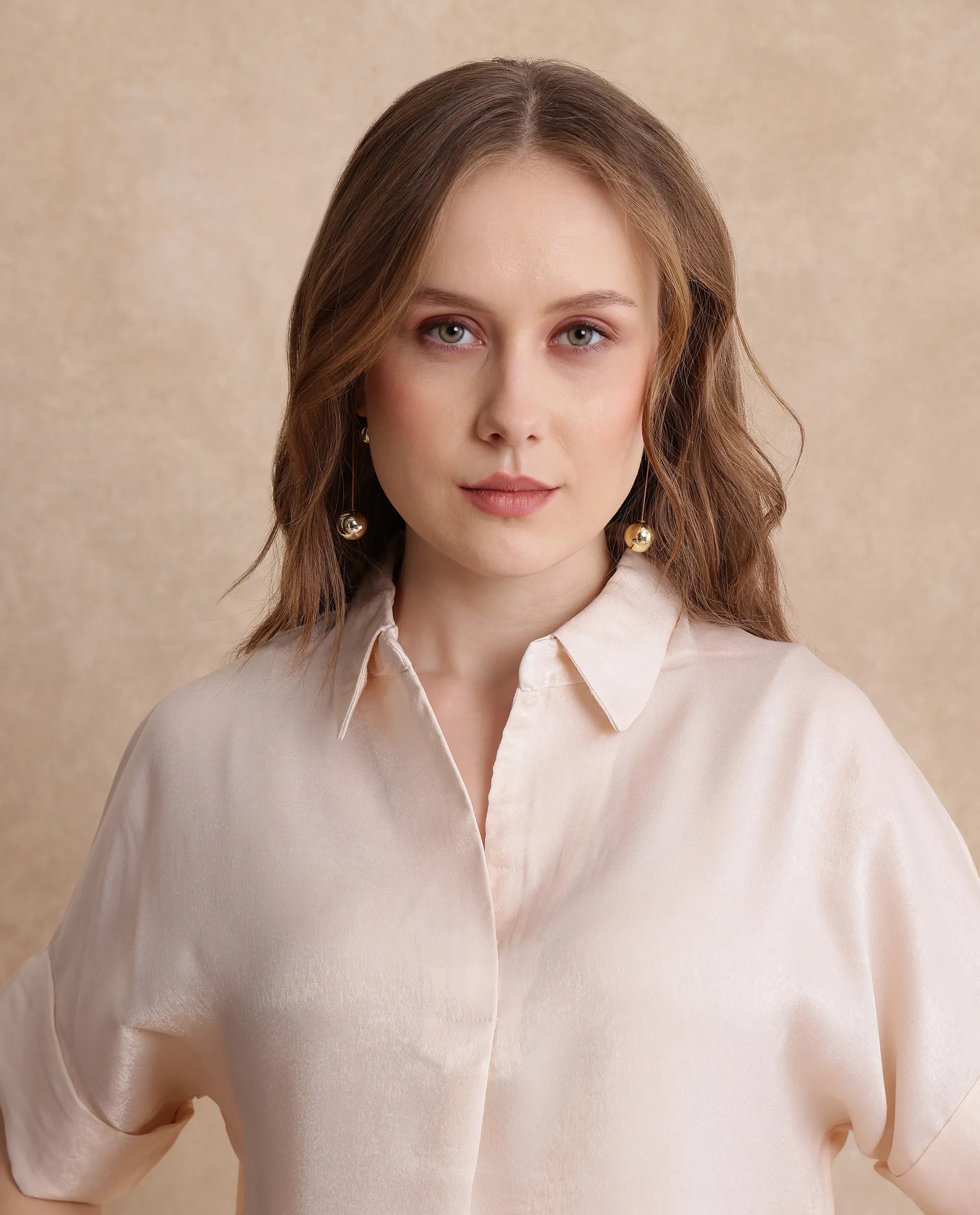 Rareism Women Lamona-T Beige Satin Extended Sleeves Collared Neck Boxy Fit Plain Top
