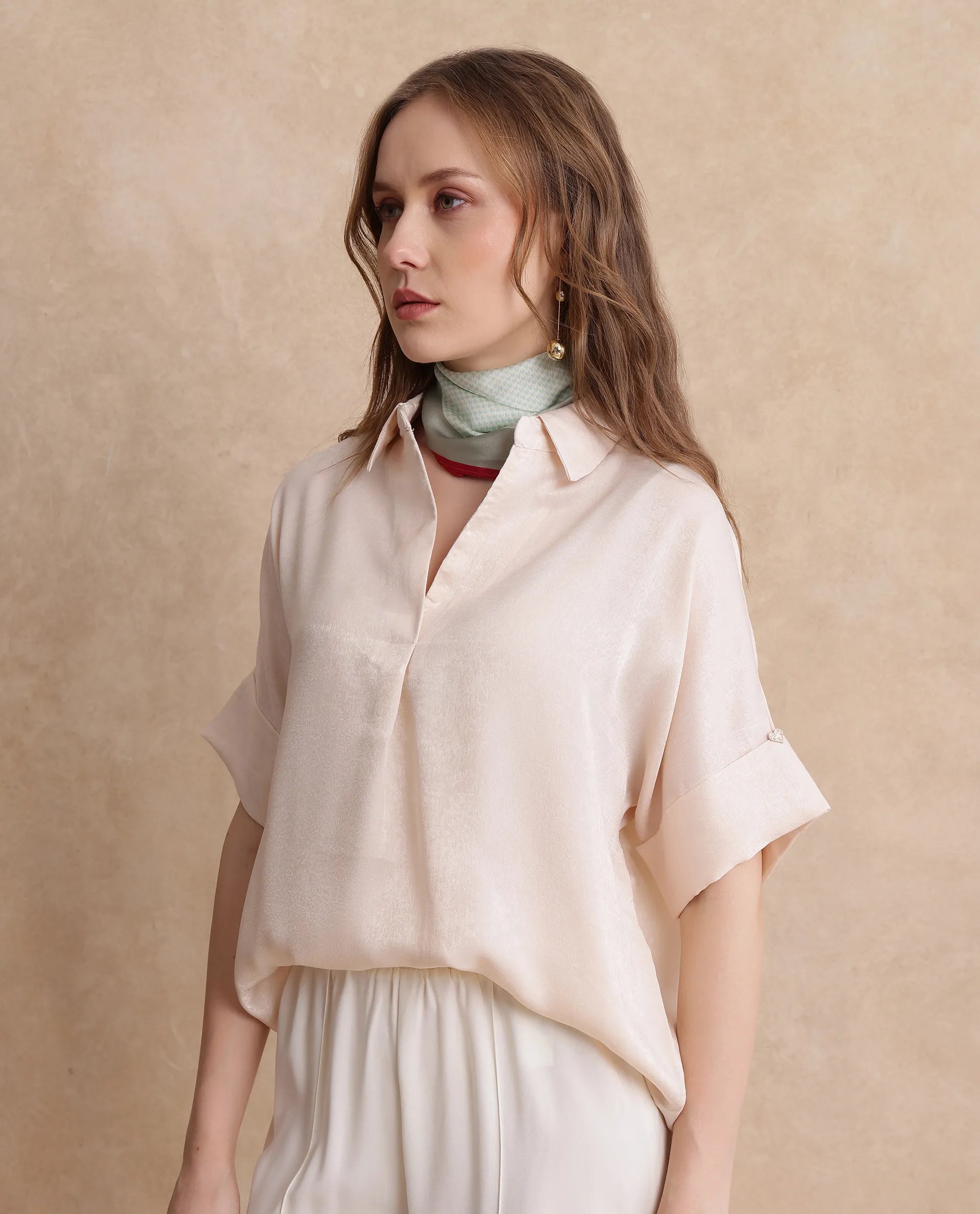 Rareism Women Lamona-T Beige Satin Extended Sleeves Collared Neck Boxy Fit Plain Top