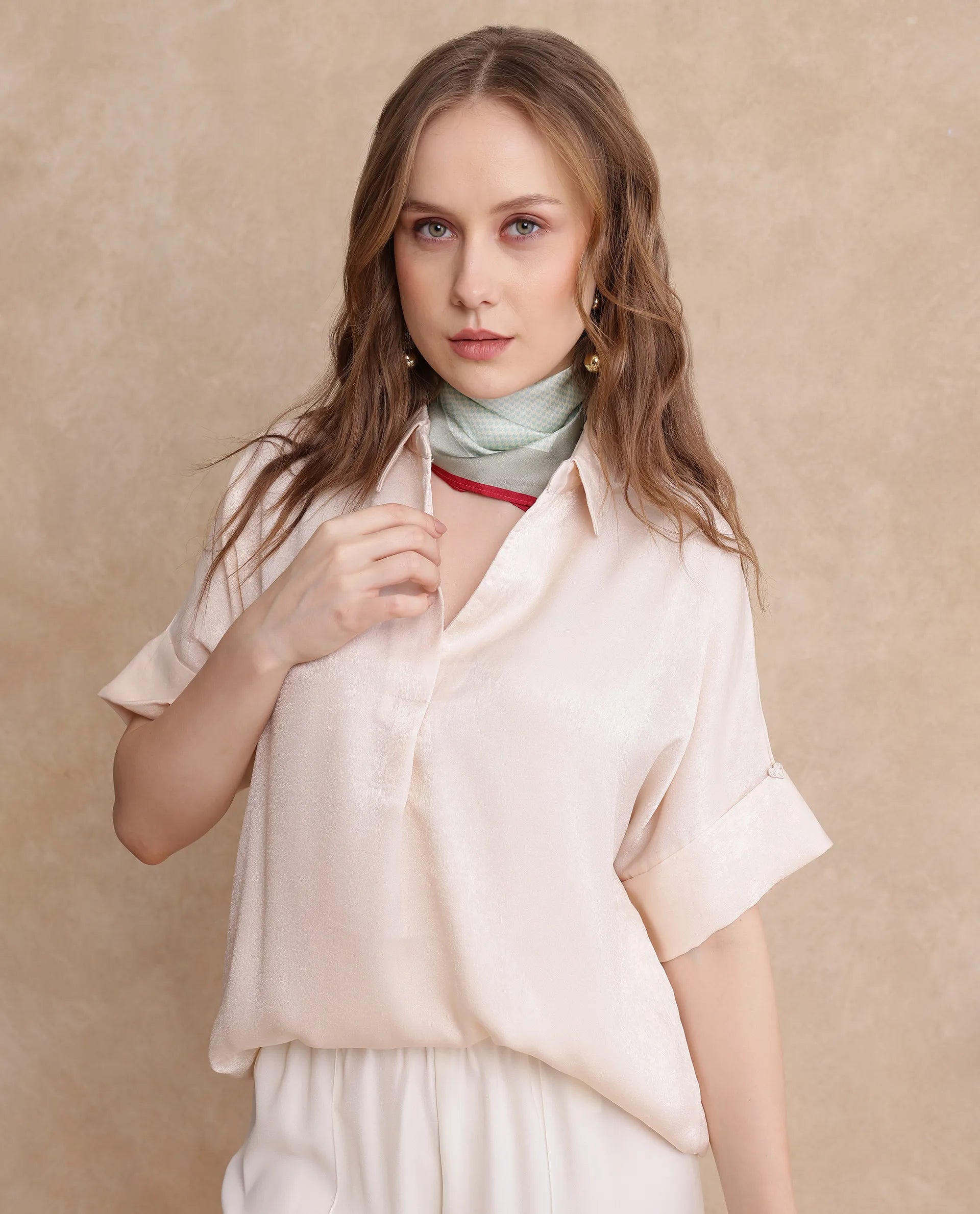 Rareism Women Lamona-T Beige Satin Extended Sleeves Collared Neck Boxy Fit Plain Top