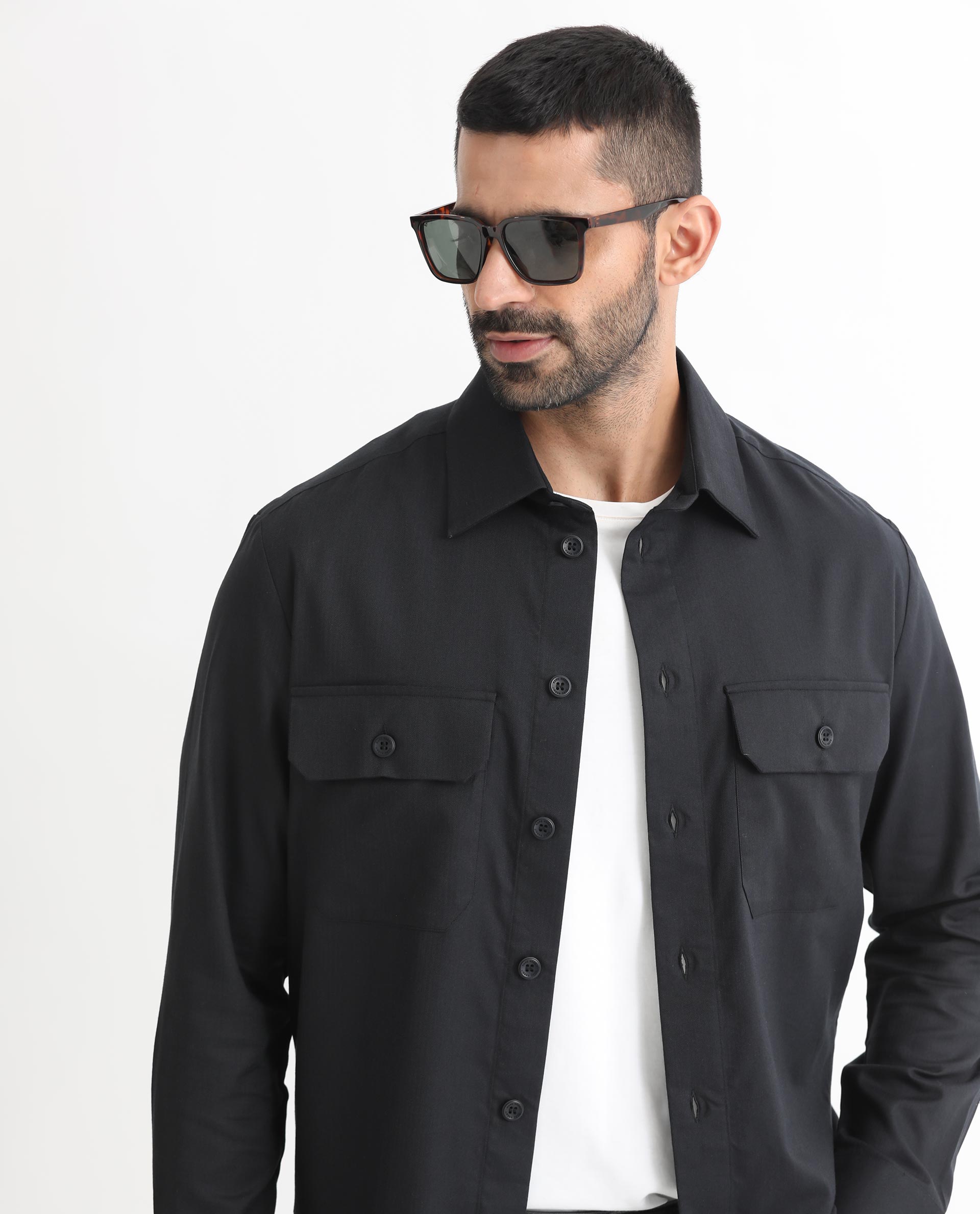 Rare Rabbit Men's Lampil Black Cotton Fabric Full Sleeves Solid Shirt