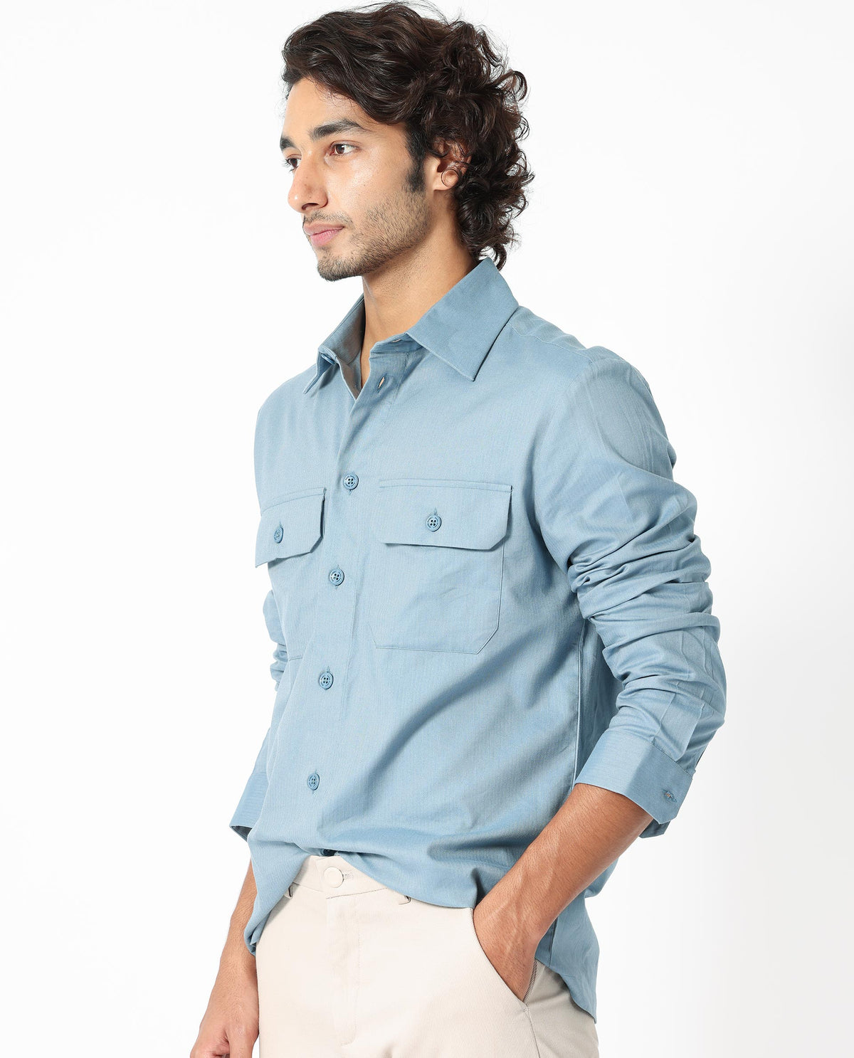 Rare Rabbit Men's Lampil Dusky Blue Cotton Fabric Full Sleeves Solid Shirt