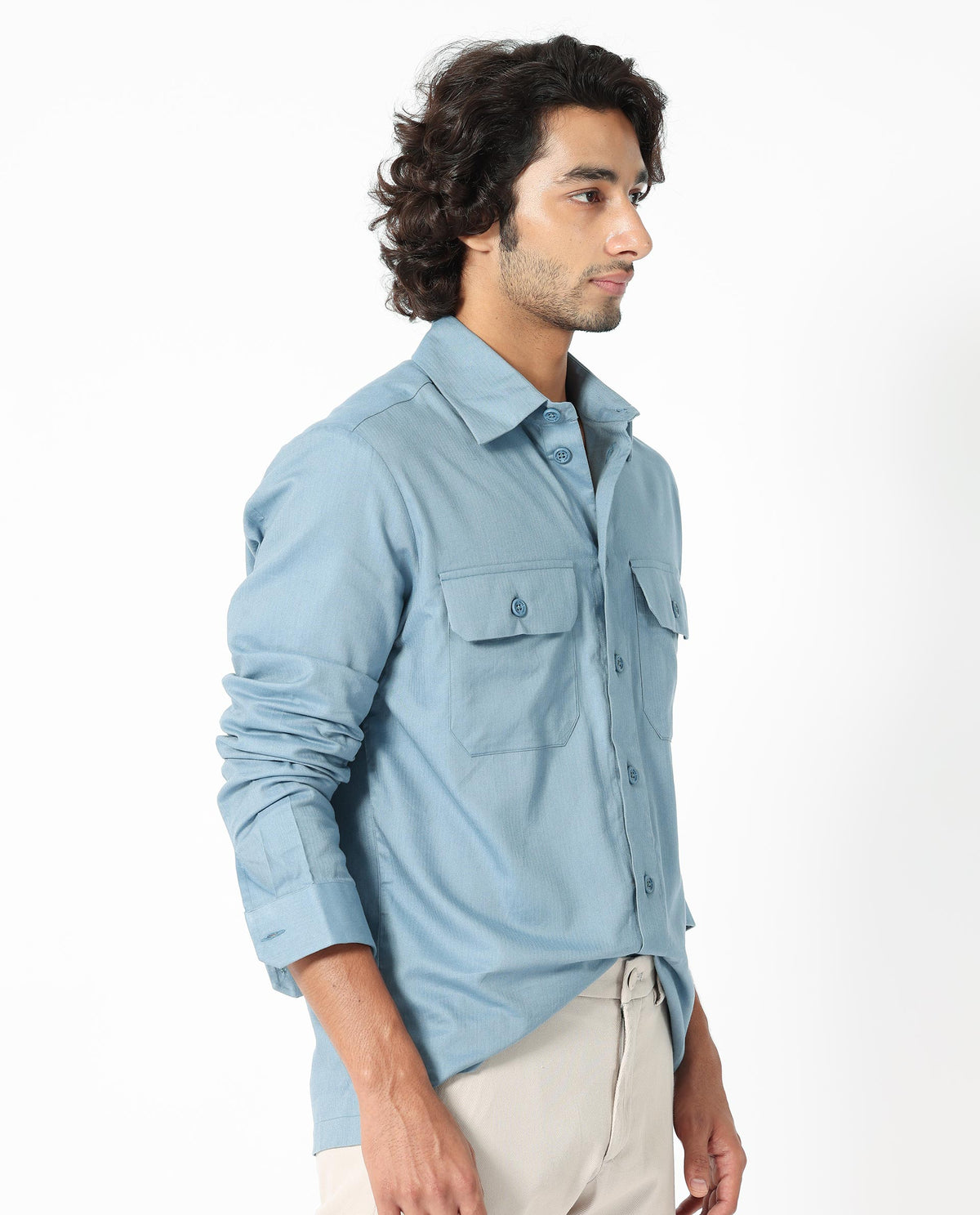 Rare Rabbit Men's Lampil Dusky Blue Cotton Fabric Full Sleeves Solid Shirt