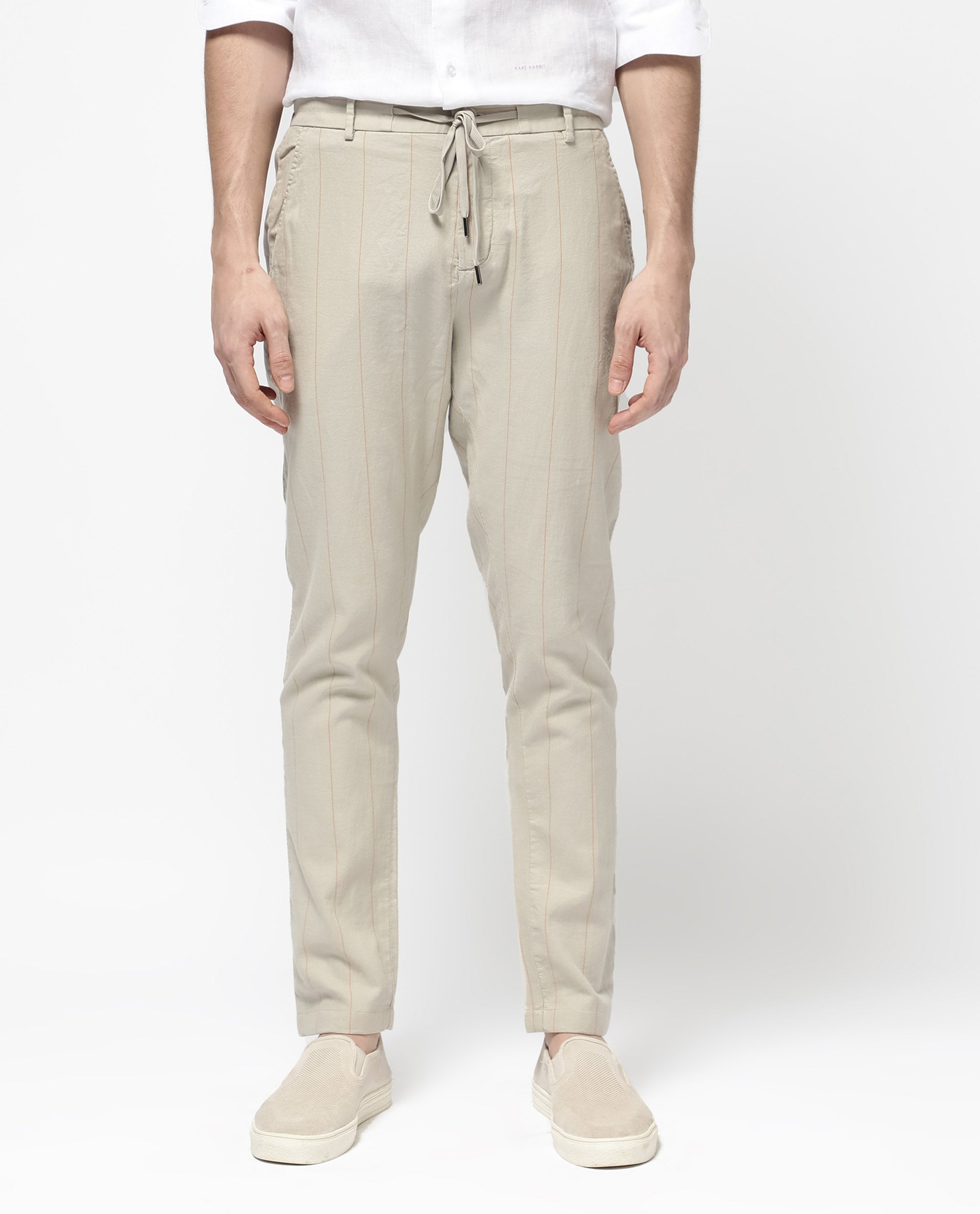 Rare Rabbit Mens Lanac Beige Cotton Striped Drawstring Closure Trouser