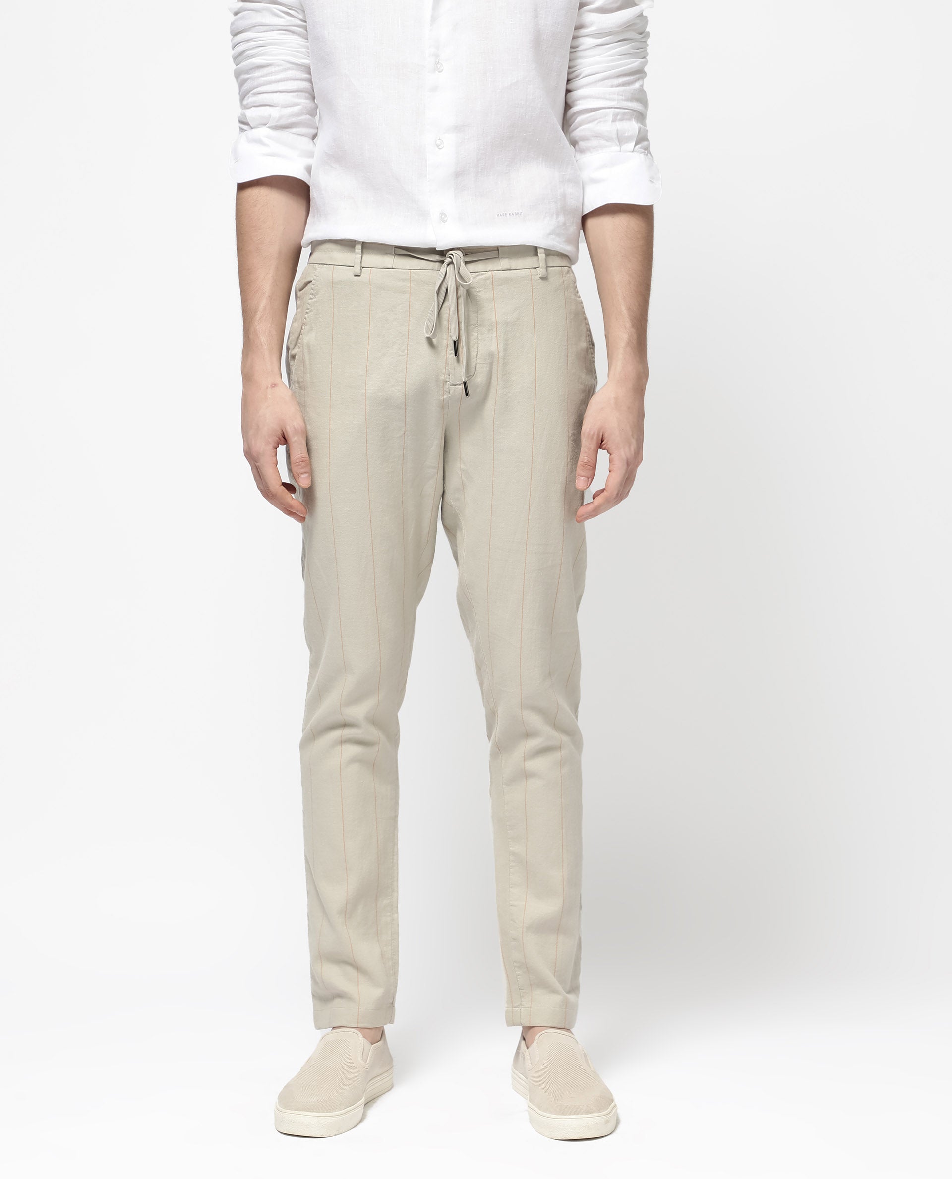 Rare Rabbit Mens Lanac Beige Cotton Striped Drawstring Closure Trouser