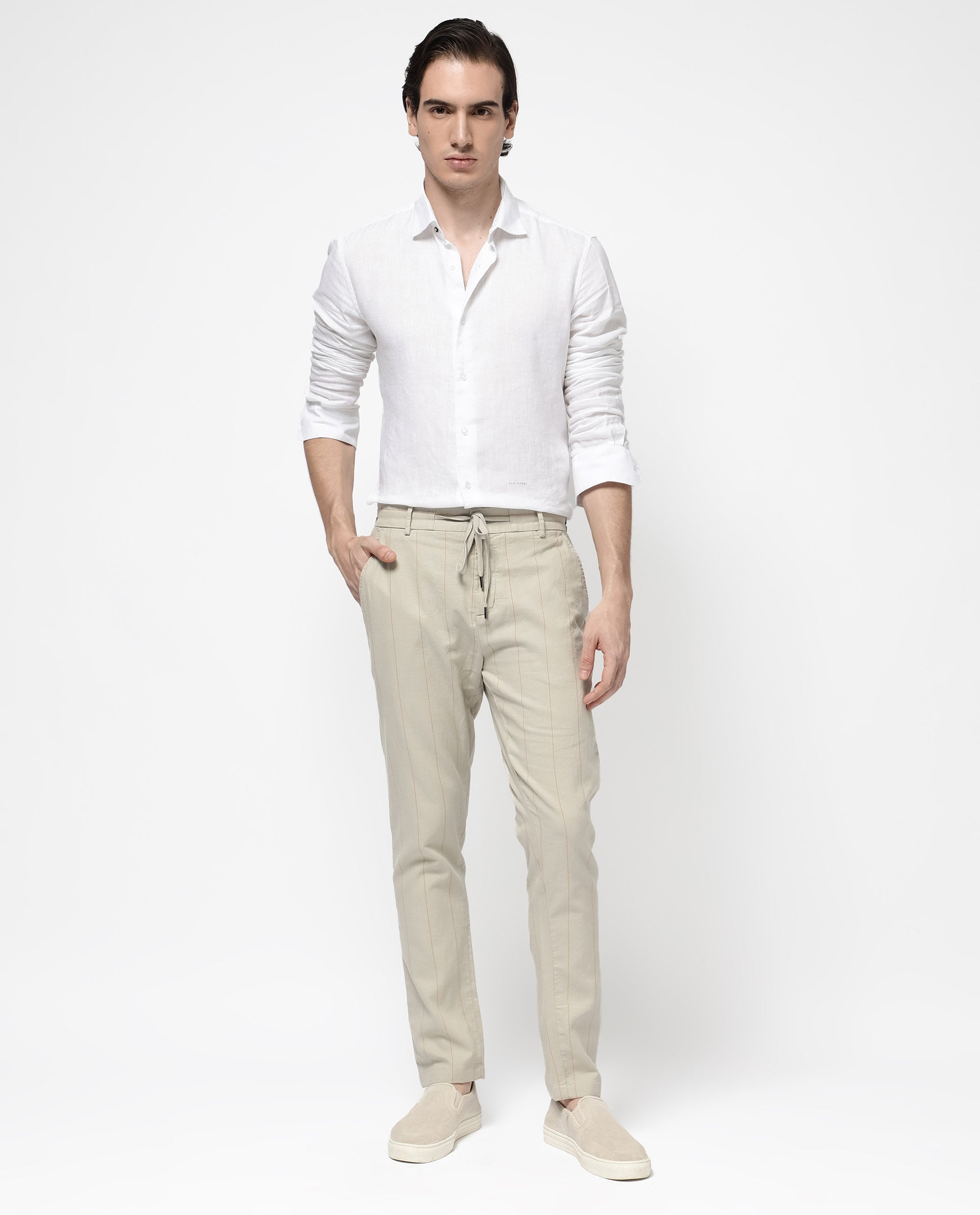 Rare Rabbit Mens Lanac Beige Cotton Striped Drawstring Closure Trouser