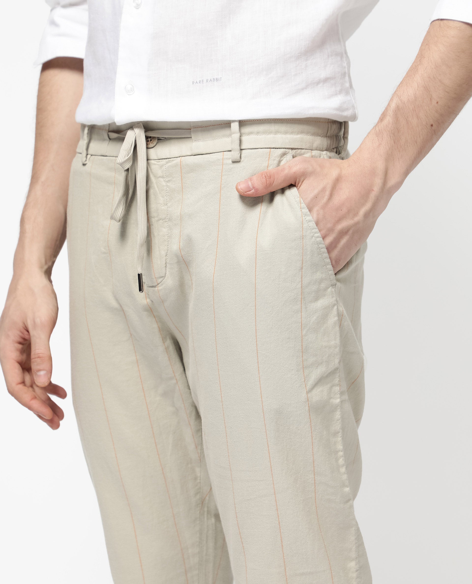 Rare Rabbit Mens Lanac Beige Cotton Striped Drawstring Closure Trouser