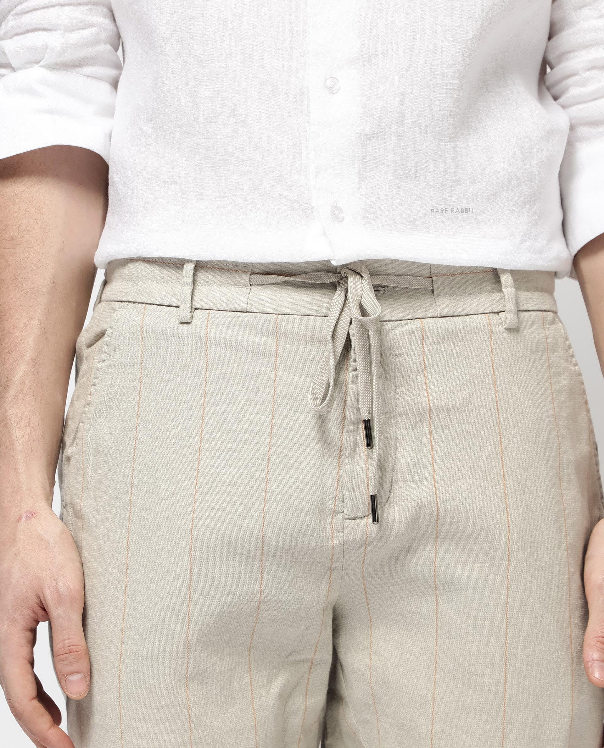Rare Rabbit Mens Lanac Beige Cotton Striped Drawstring Closure Trouser