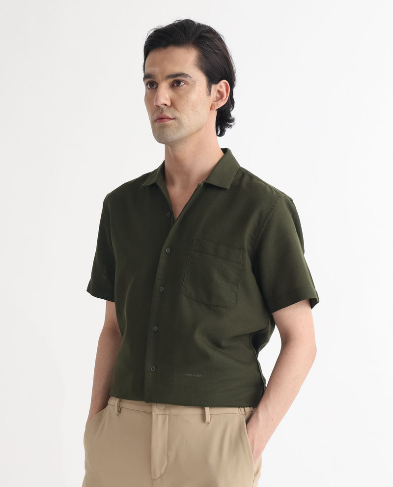 Rare Rabbit Men's Land Olive Cotton Fabric Cuban Collar Half Sleeves Knit Shirt