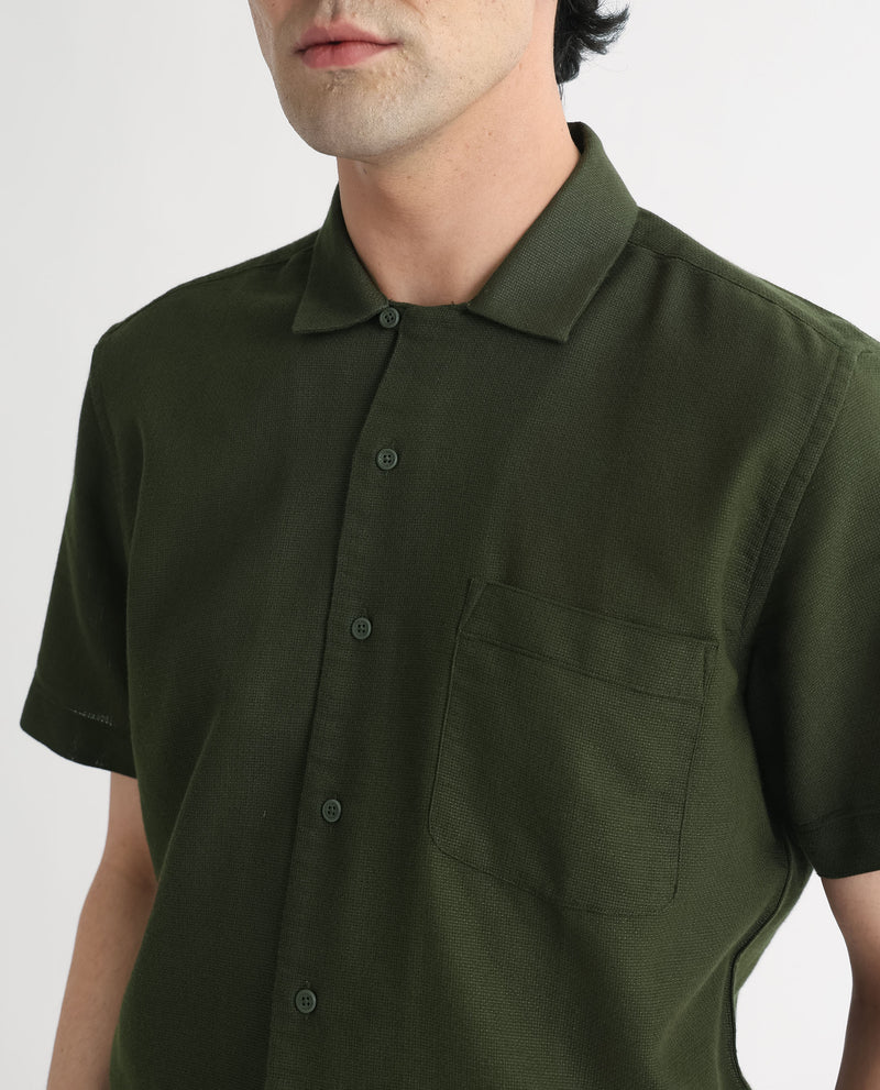 Rare Rabbit Men's Land Olive Cotton Fabric Cuban Collar Half Sleeves Knit Shirt