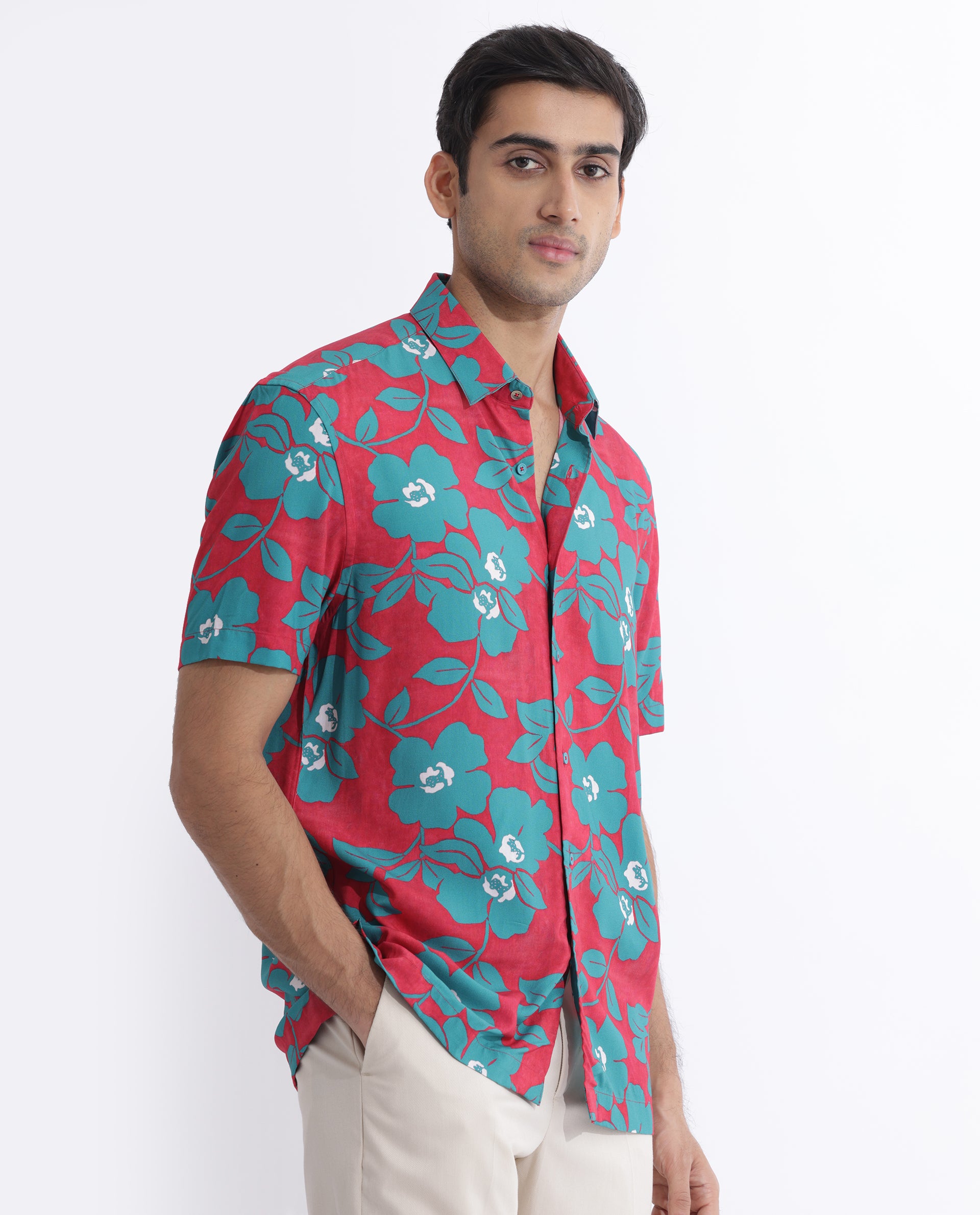 Rare Rabbit Men's Landon Dark Pink Floral Print Half Sleeves Shirt