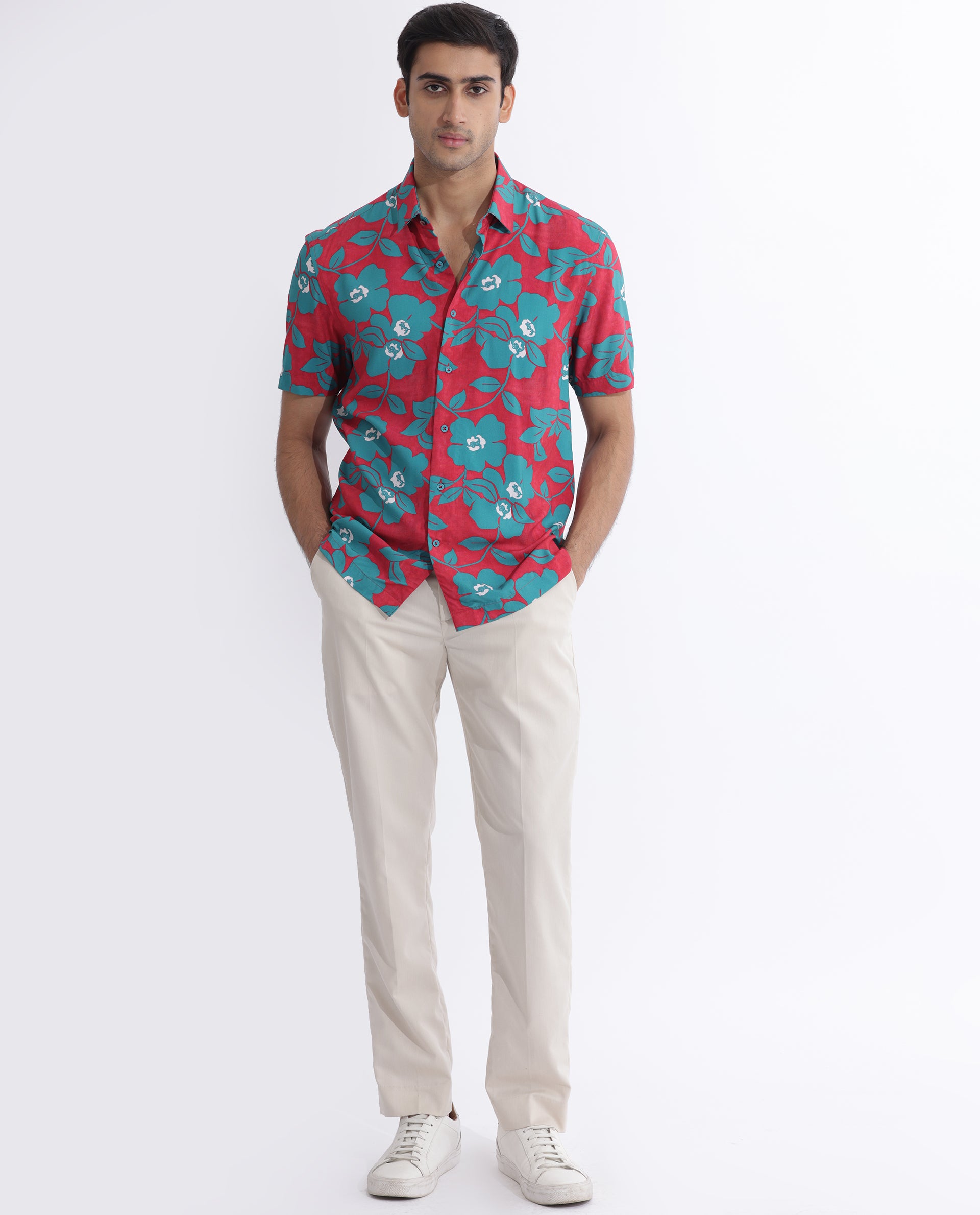 Rare Rabbit Men's Landon Dark Pink Floral Print Half Sleeves Shirt