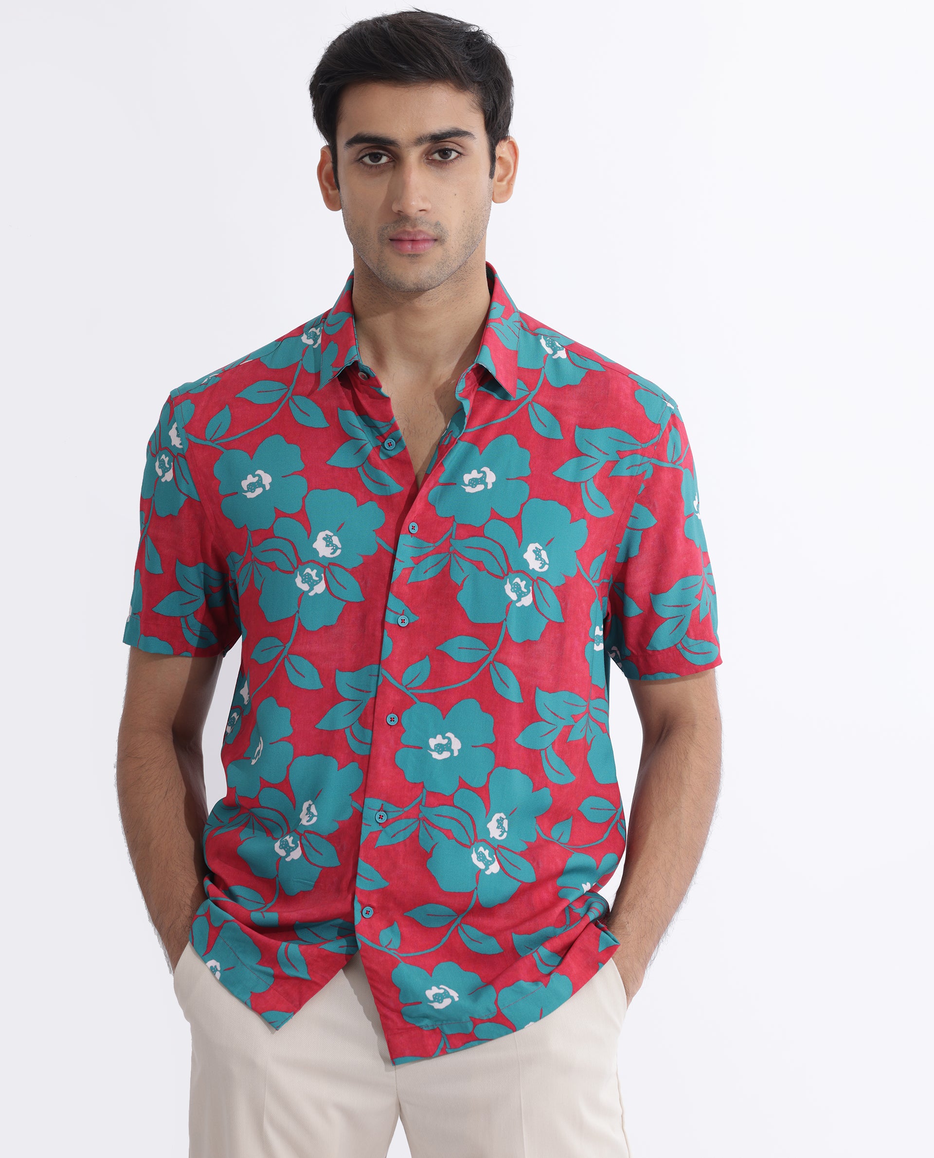 Rare Rabbit Men's Landon Dark Pink Floral Print Half Sleeves Shirt