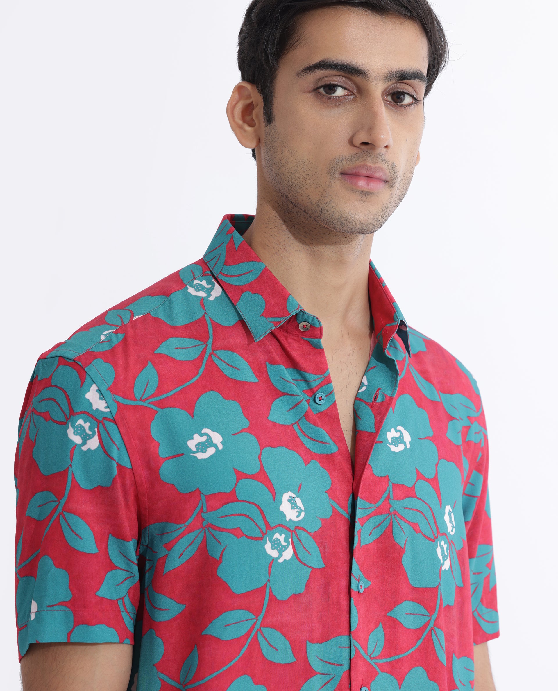 Rare Rabbit Men's Landon Dark Pink Floral Print Half Sleeves Shirt