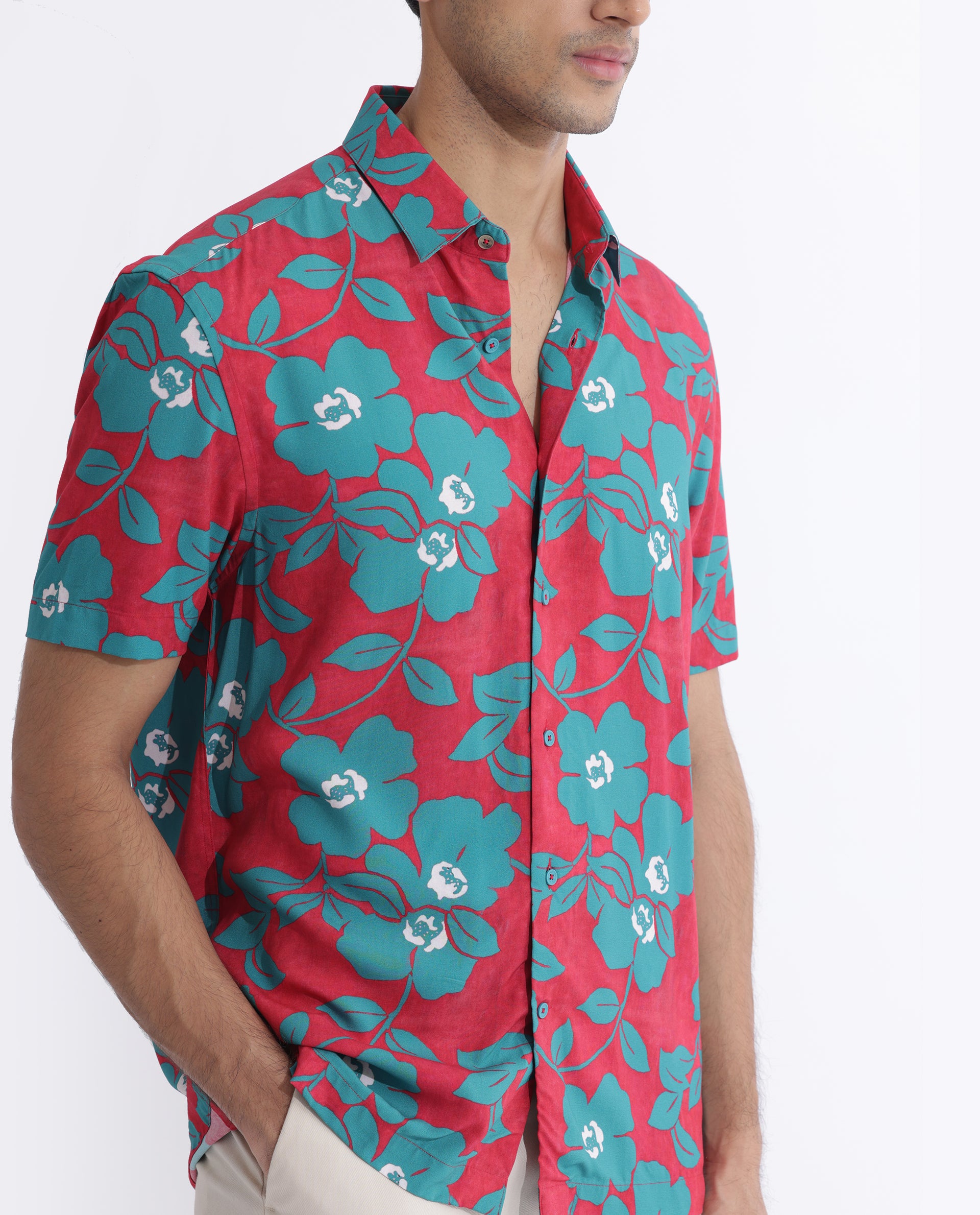 Rare Rabbit Men's Landon Dark Pink Floral Print Half Sleeves Shirt