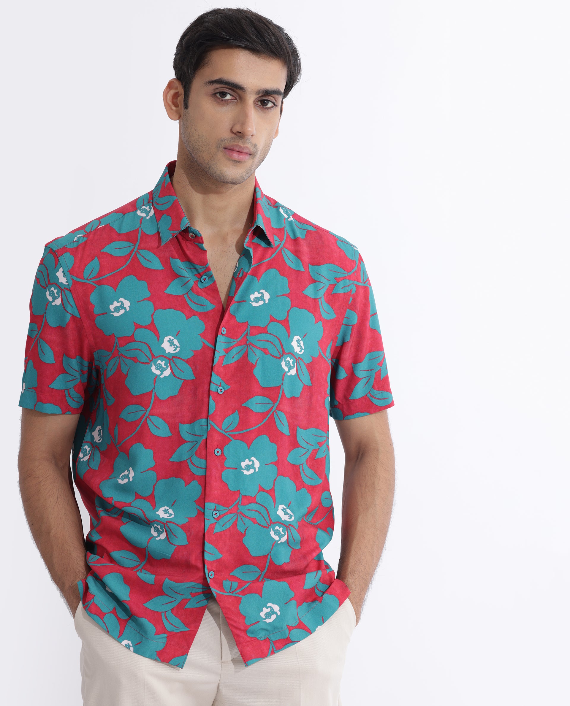 Rare Rabbit Men's Landon Dark Pink Floral Print Half Sleeves Shirt