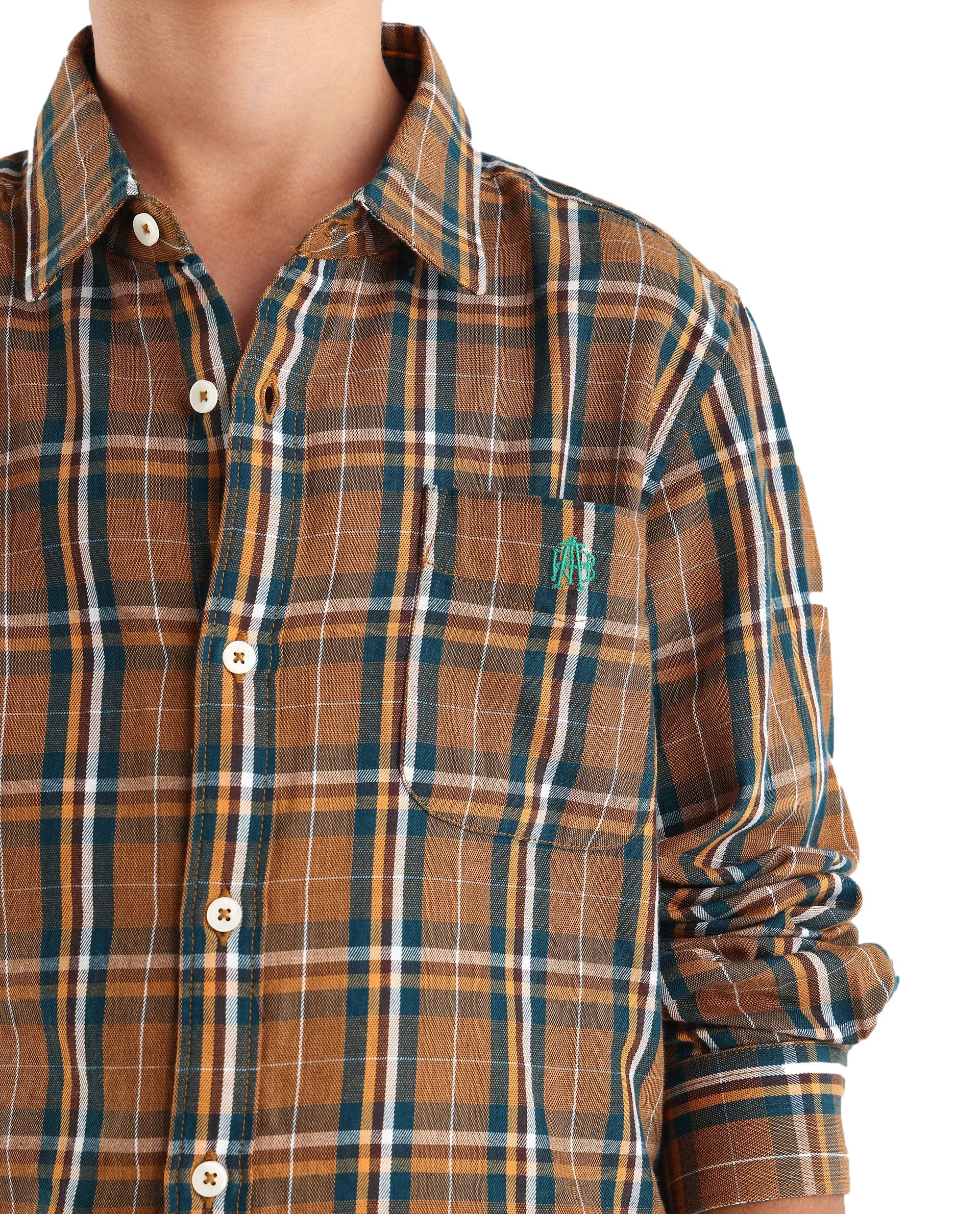 Rare Ones Kids Lane Dark Yellow Cotton Checked Button Closure Regular Fit Shirt