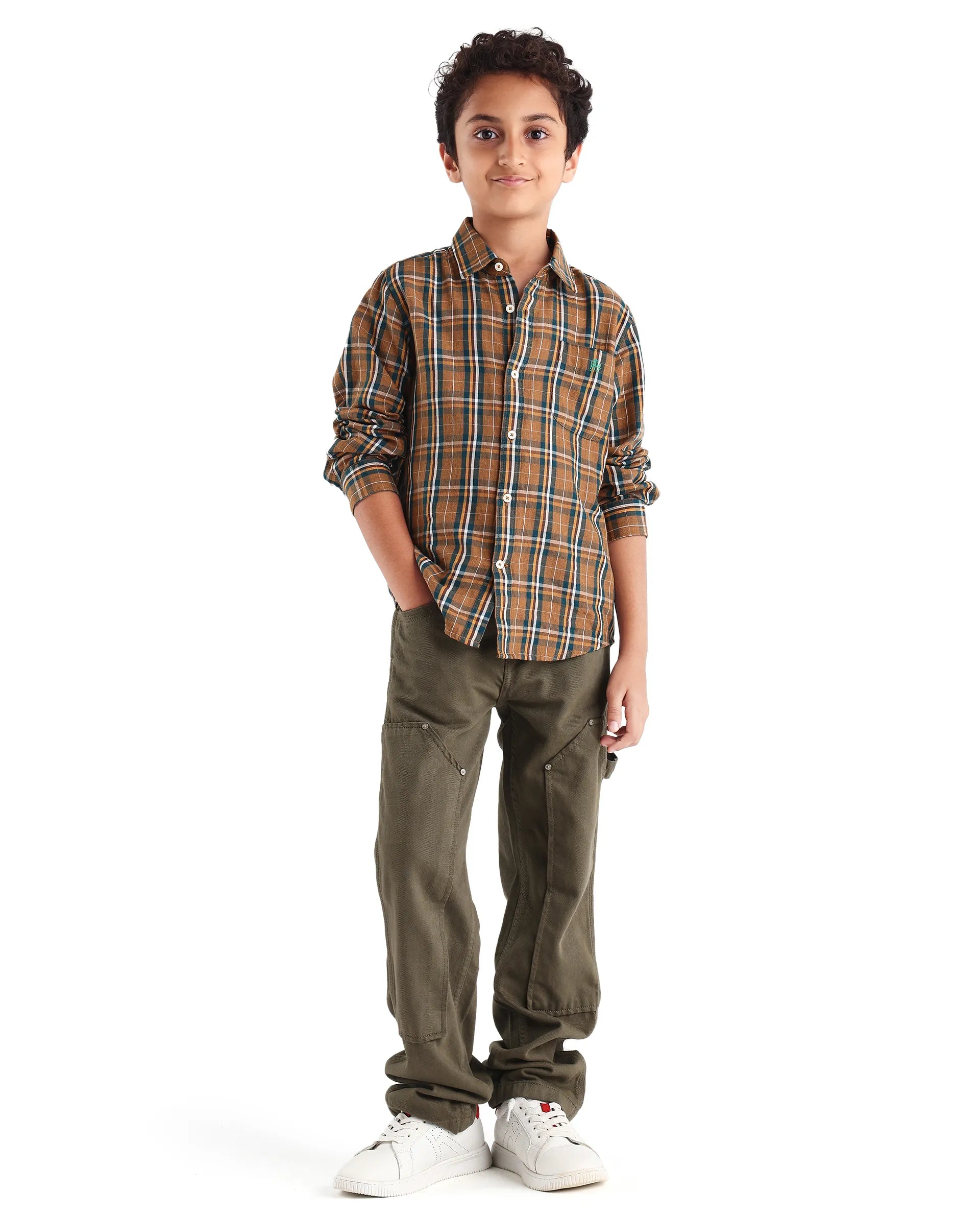 Rare Ones Kids Lane Dark Yellow Cotton Checked Button Closure Regular Fit Shirt